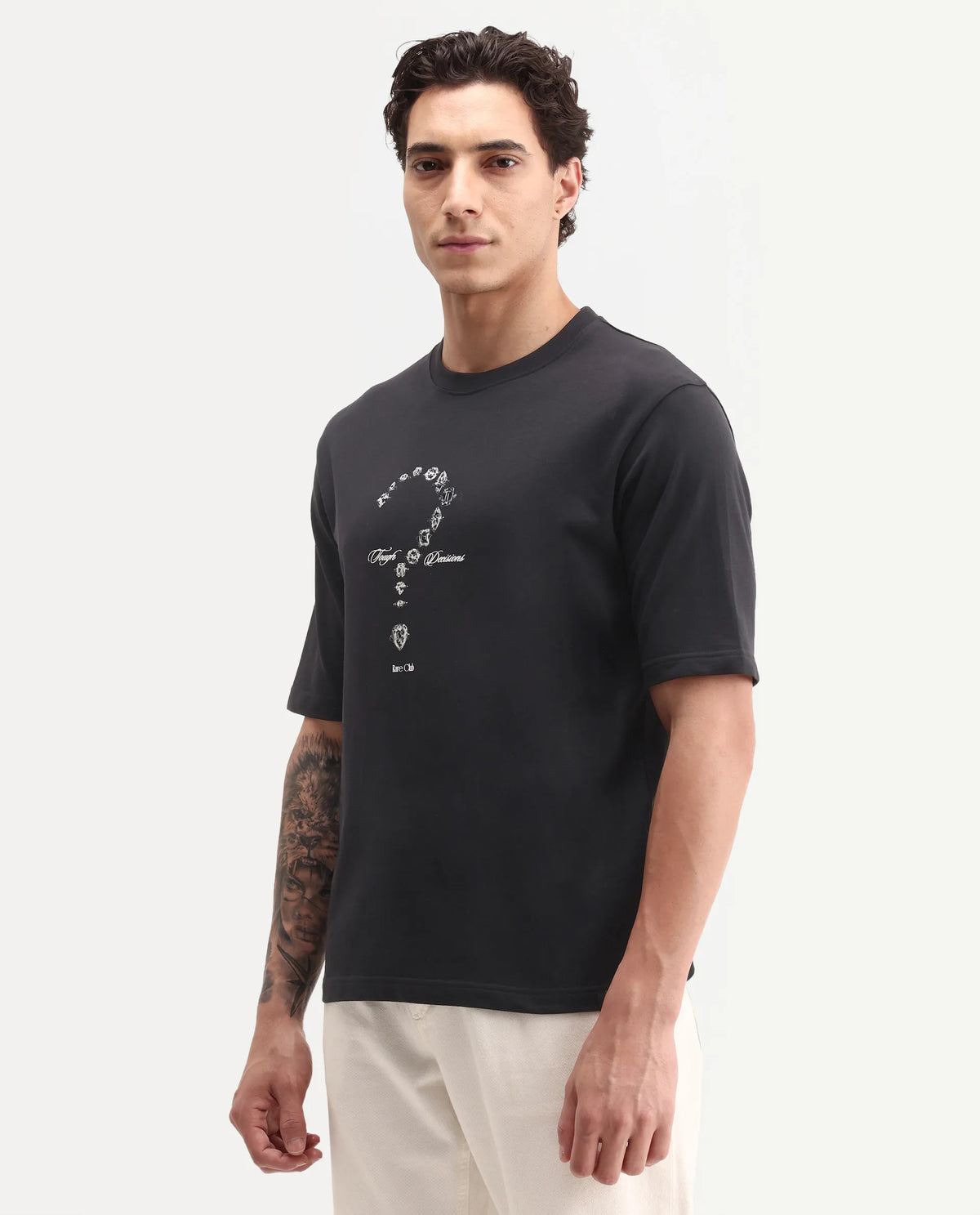 Rare Rabbit Men's Nexol Black Cotton Crew Neck Regular Fit Graphic Print T-Shirt