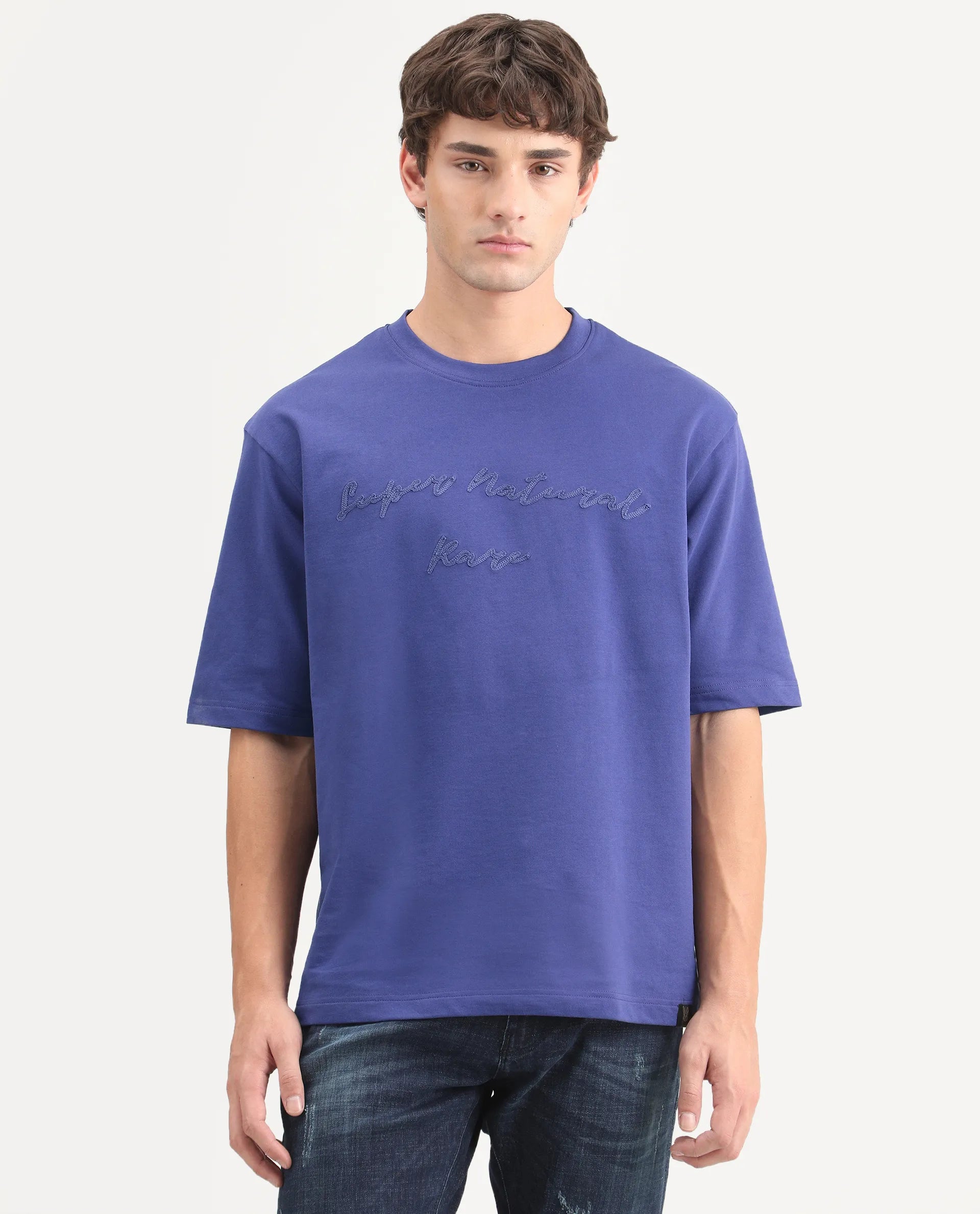Rare Rabbit Men's Tuft Dark Purple Cotton Crew Neck Regular Embroidered T-Shirt
