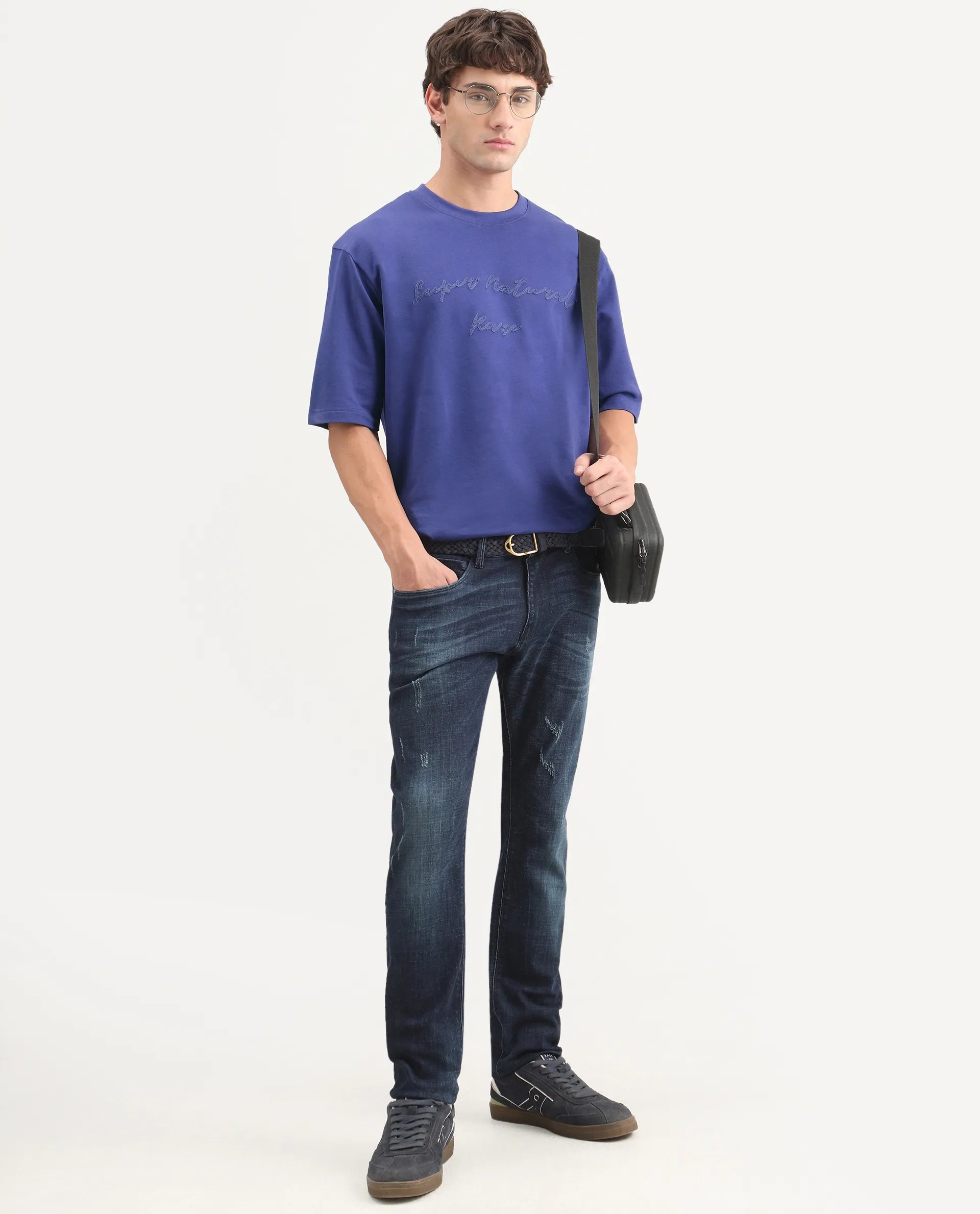 Rare Rabbit Men's Tuft Dark Purple Cotton Crew Neck Regular Embroidered T-Shirt