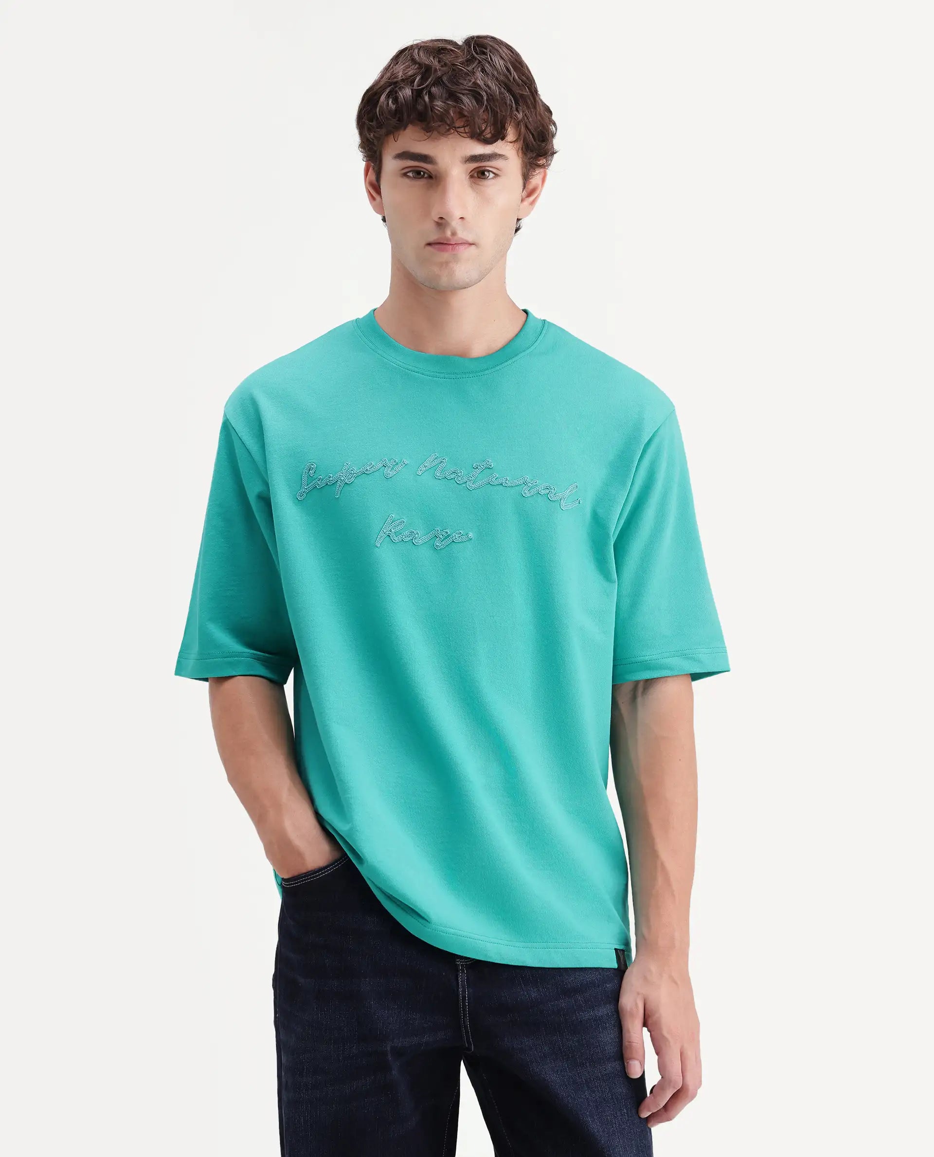 Rare Rabbit Men's Tuft Fluorescent Green Cotton Crew Neck Regular Embroidered T-Shirt