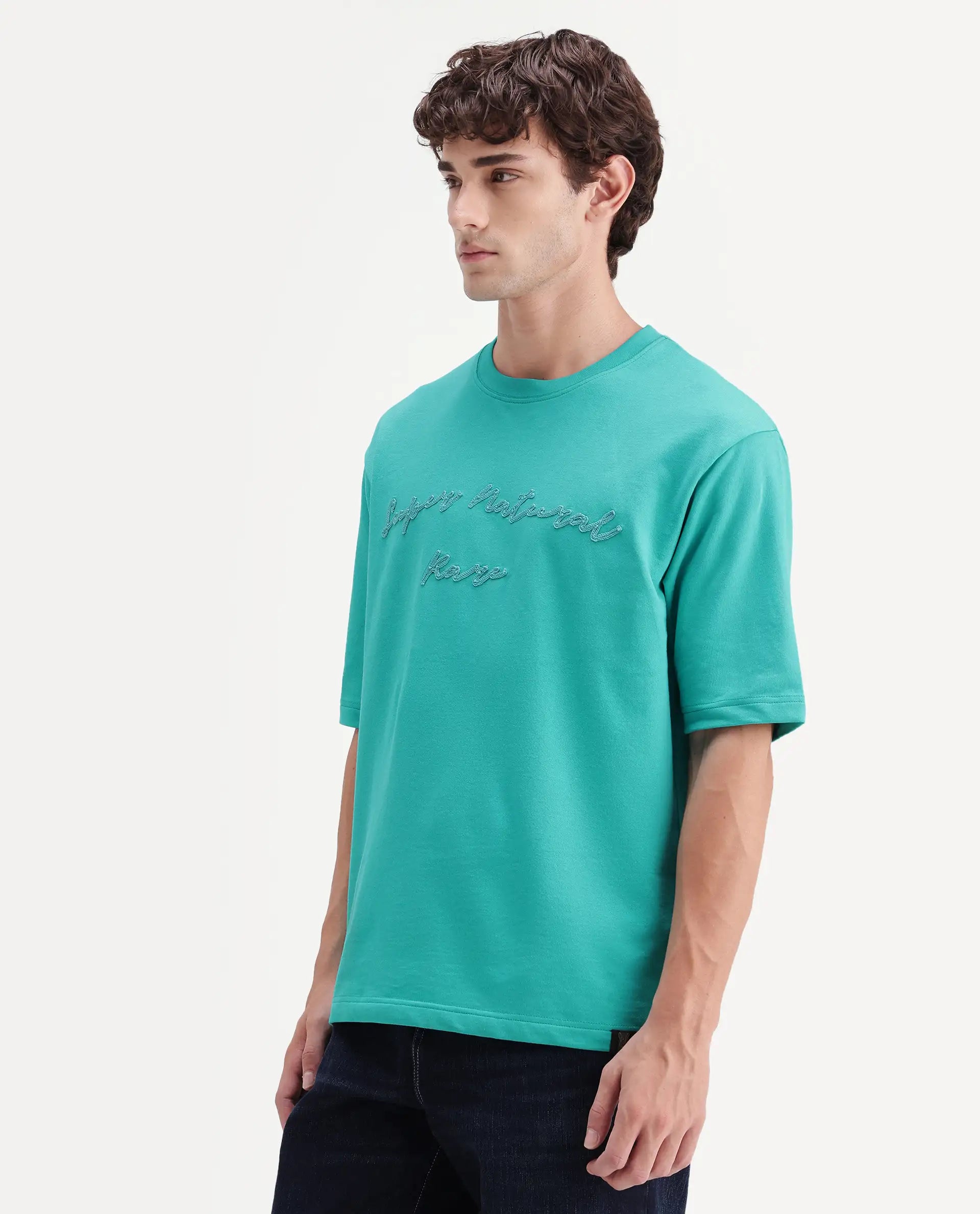 Rare Rabbit Men's Tuft Fluorescent Green Cotton Crew Neck Regular Embroidered T-Shirt