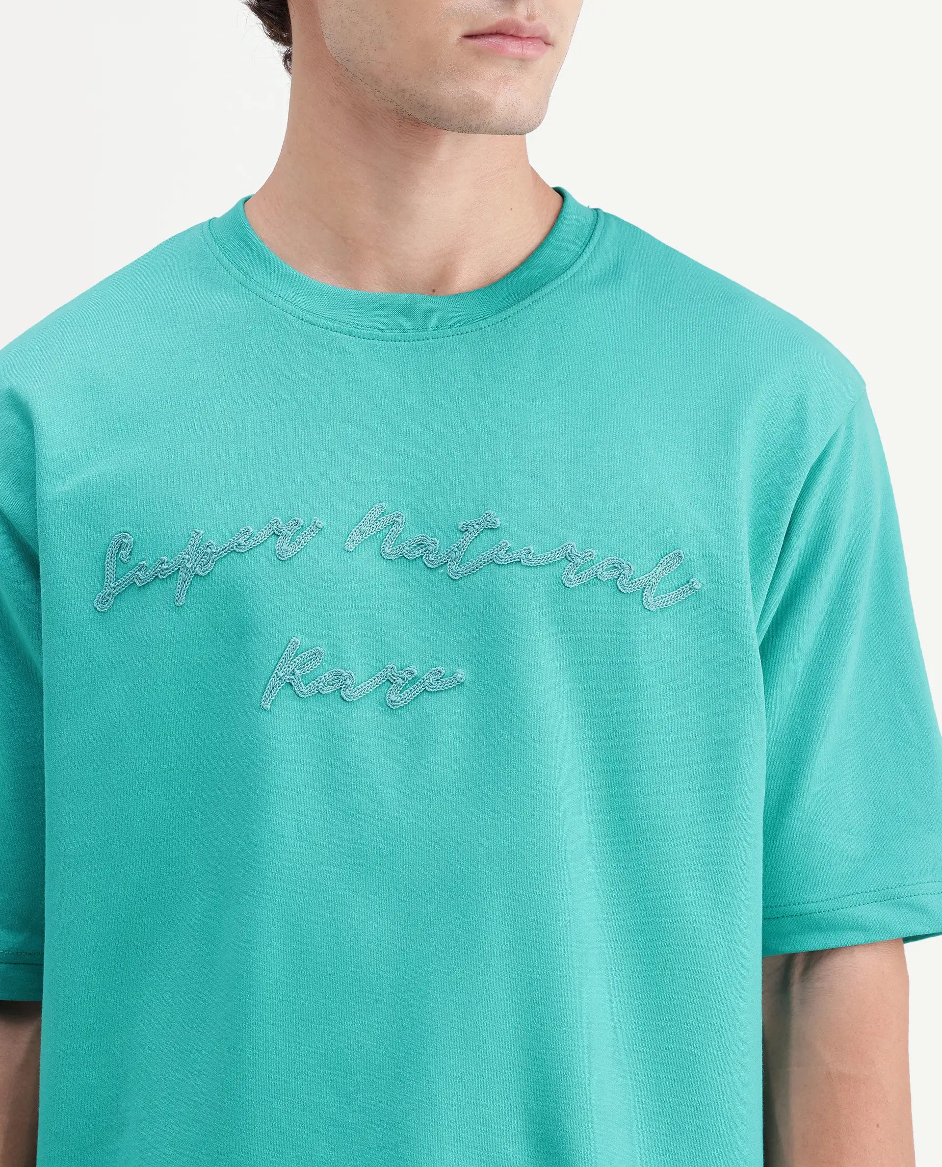 Rare Rabbit Men's Tuft Fluorescent Green Cotton Crew Neck Regular Embroidered T-Shirt