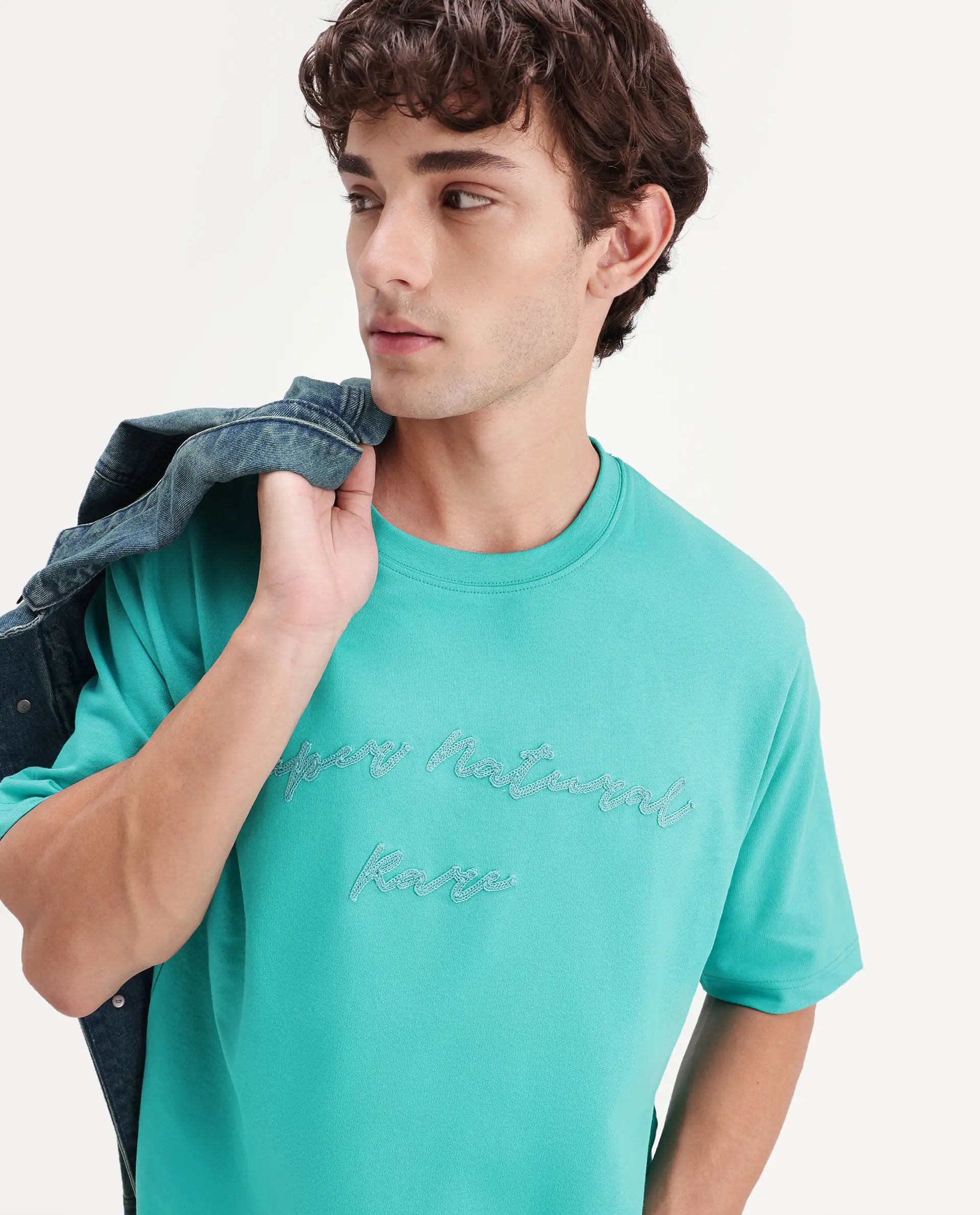 Buy Tuft - Fluorescent Green Regular Fit Embroidered T-Shirt
