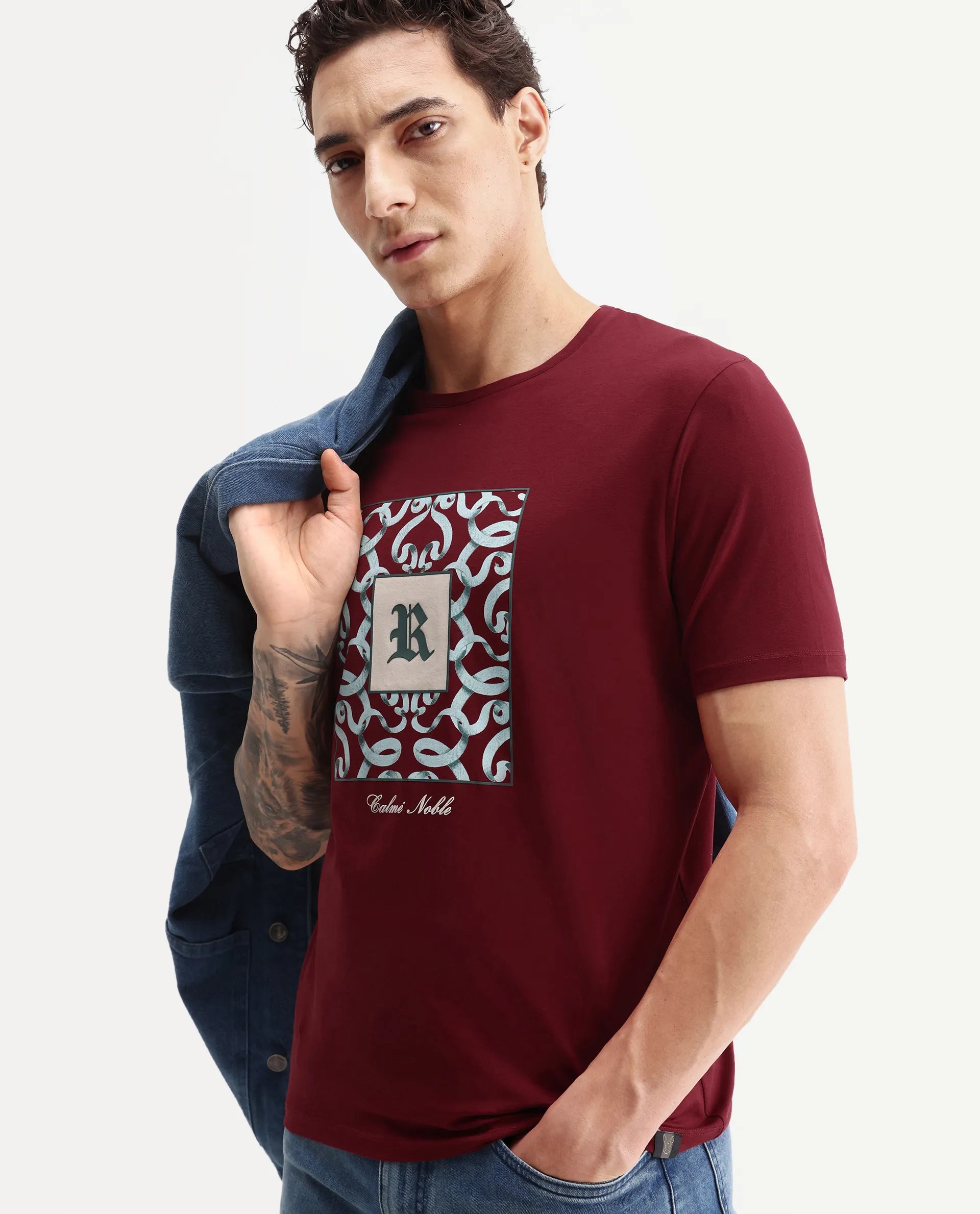 Rare Rabbit Men's Timol Dark Red Cotton Blend Crew Neck Regular Graphic Print T-Shirt