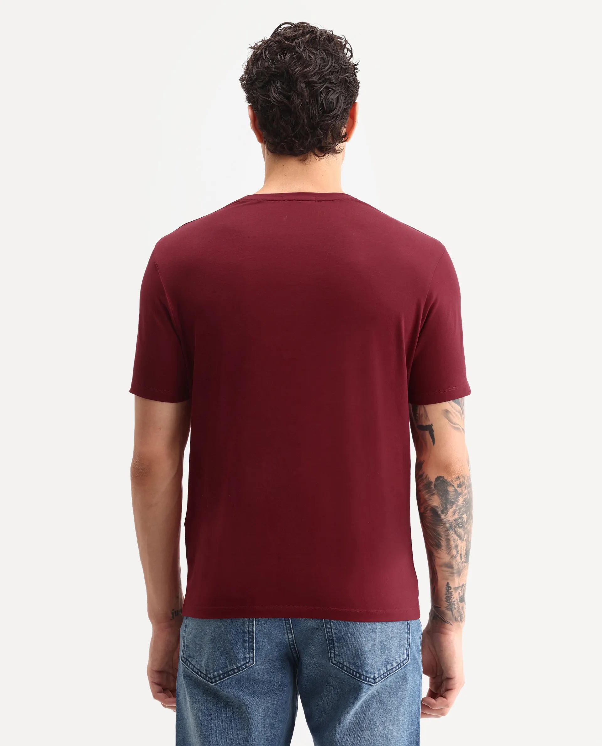 Rare Rabbit Men's Timol Dark Red Cotton Blend Crew Neck Regular Graphic Print T-Shirt
