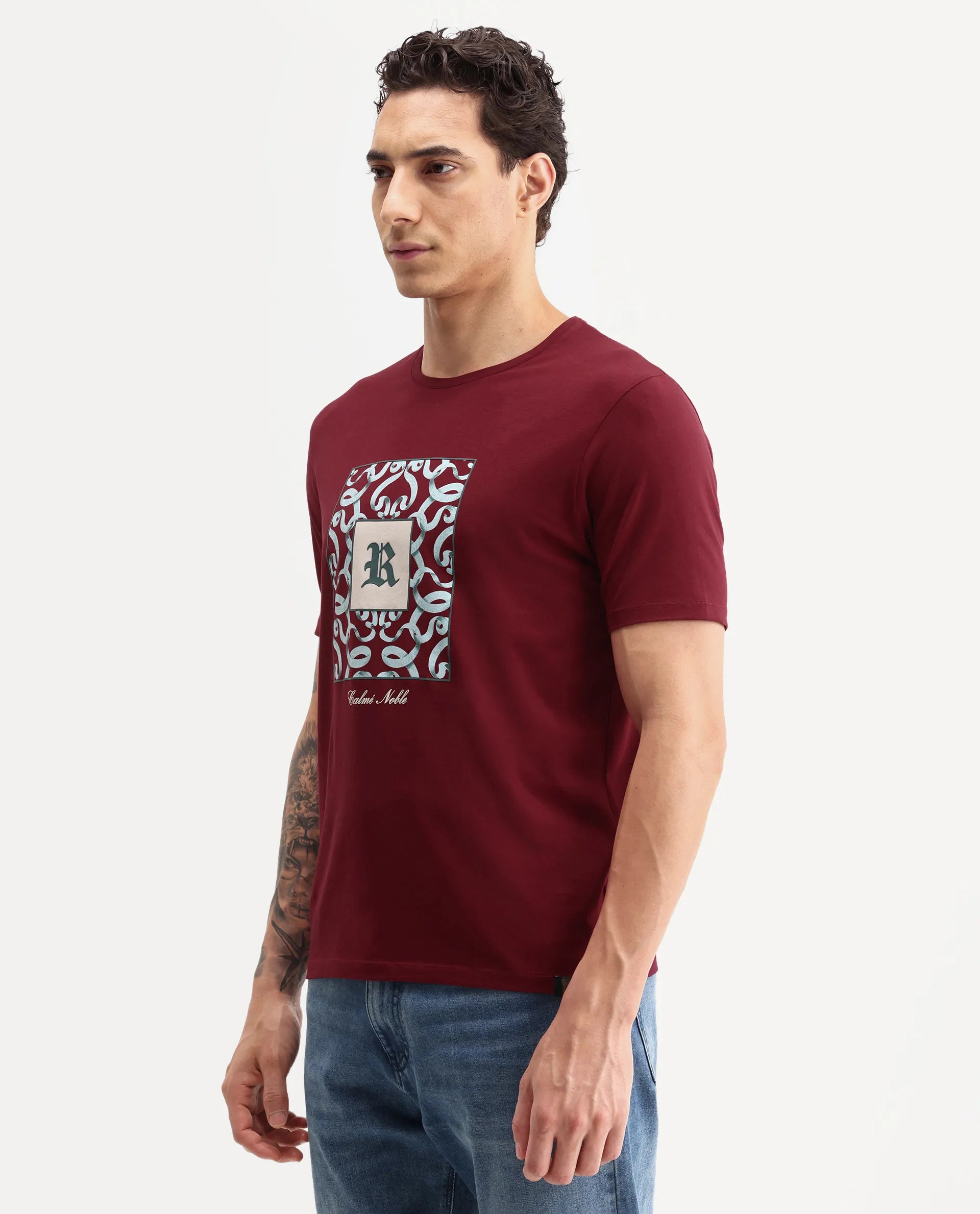 Rare Rabbit Men's Timol Dark Red Cotton Blend Crew Neck Regular Graphic Print T-Shirt