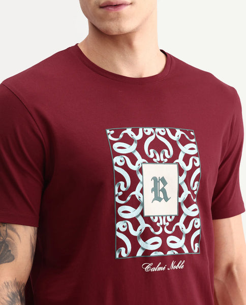 Buy Rare Rabbit Men's Timol Dark Red Cotton Blend Crew Neck Regular ...