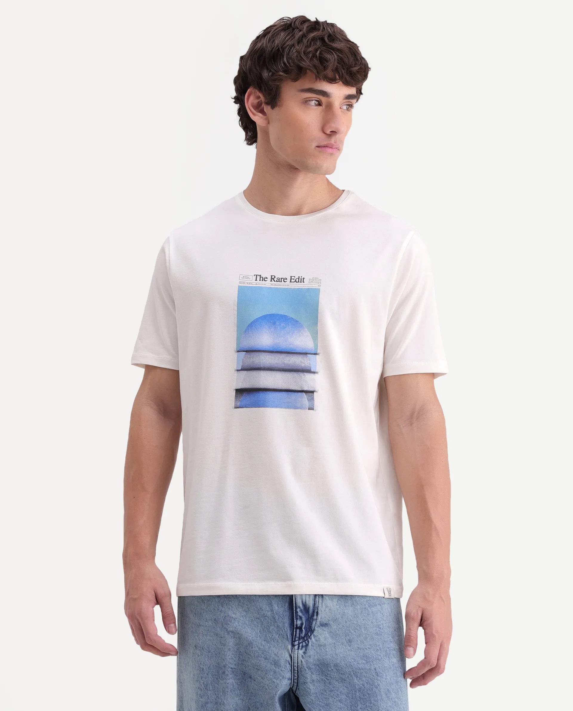 Rare Rabbit Men's Matr Off White Cotton Blend Crew Neck Regular Graphic Print T-Shirt