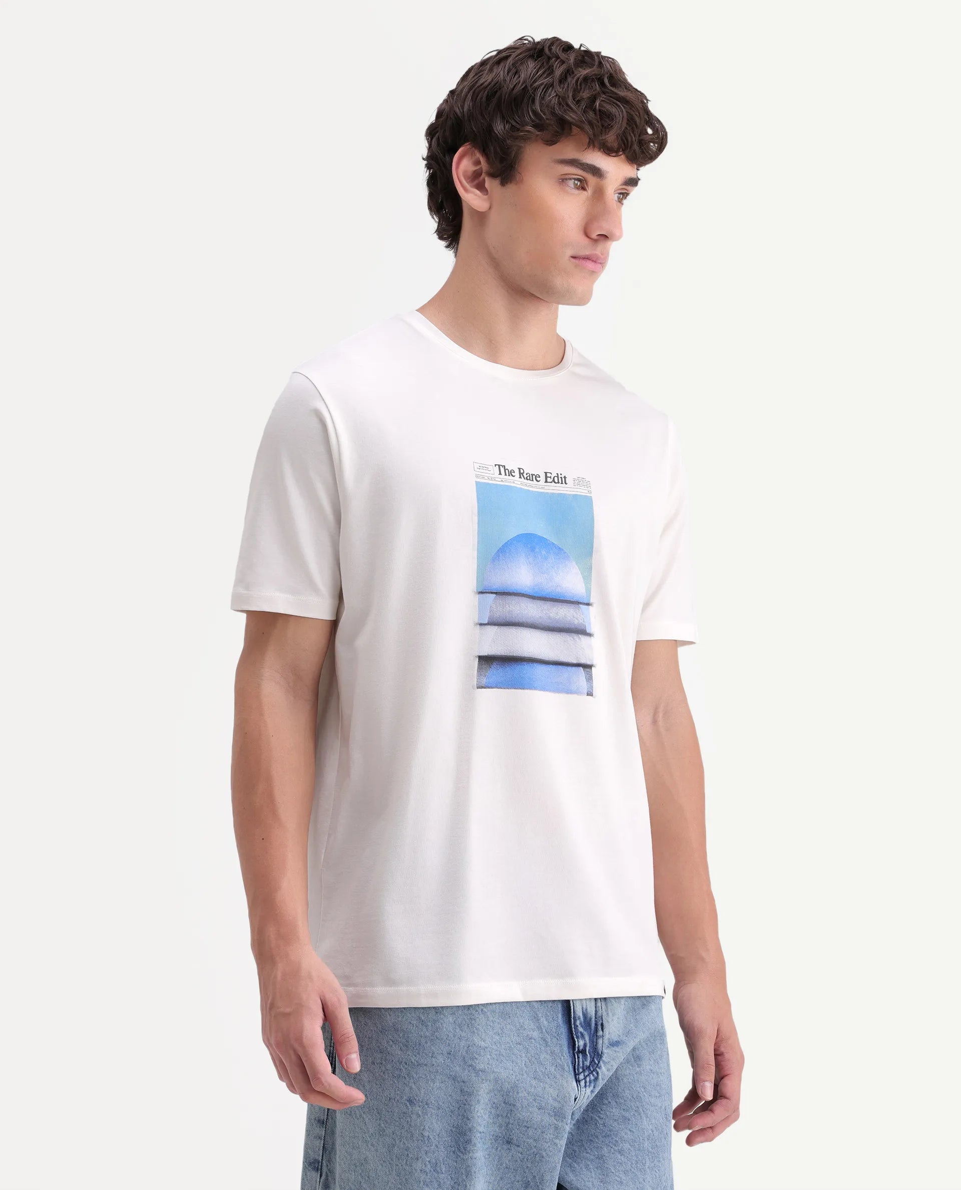 Rare Rabbit Men's Matr Off White Cotton Blend Crew Neck Regular Graphic Print T-Shirt