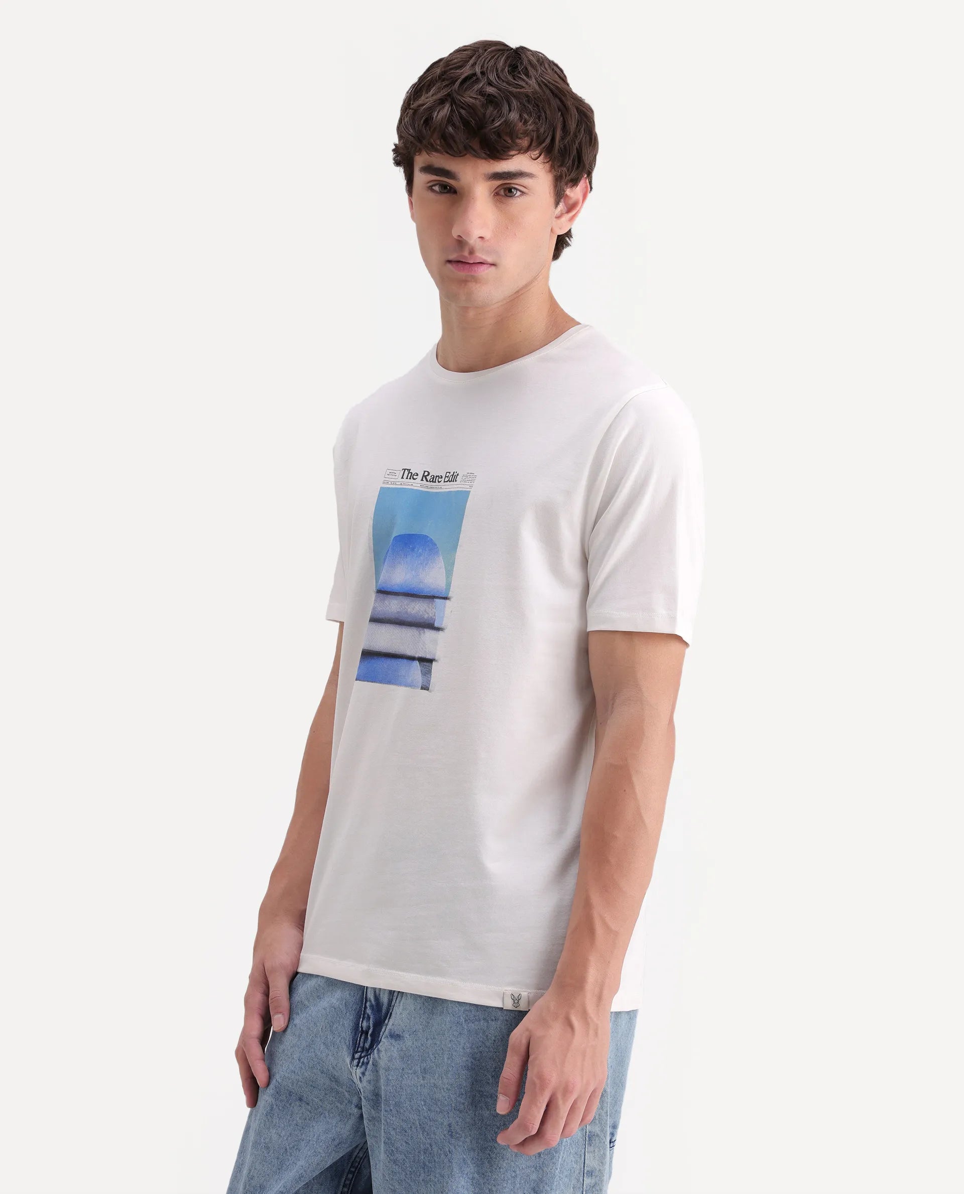 Rare Rabbit Men's Matr Off White Cotton Blend Crew Neck Regular Graphic Print T-Shirt