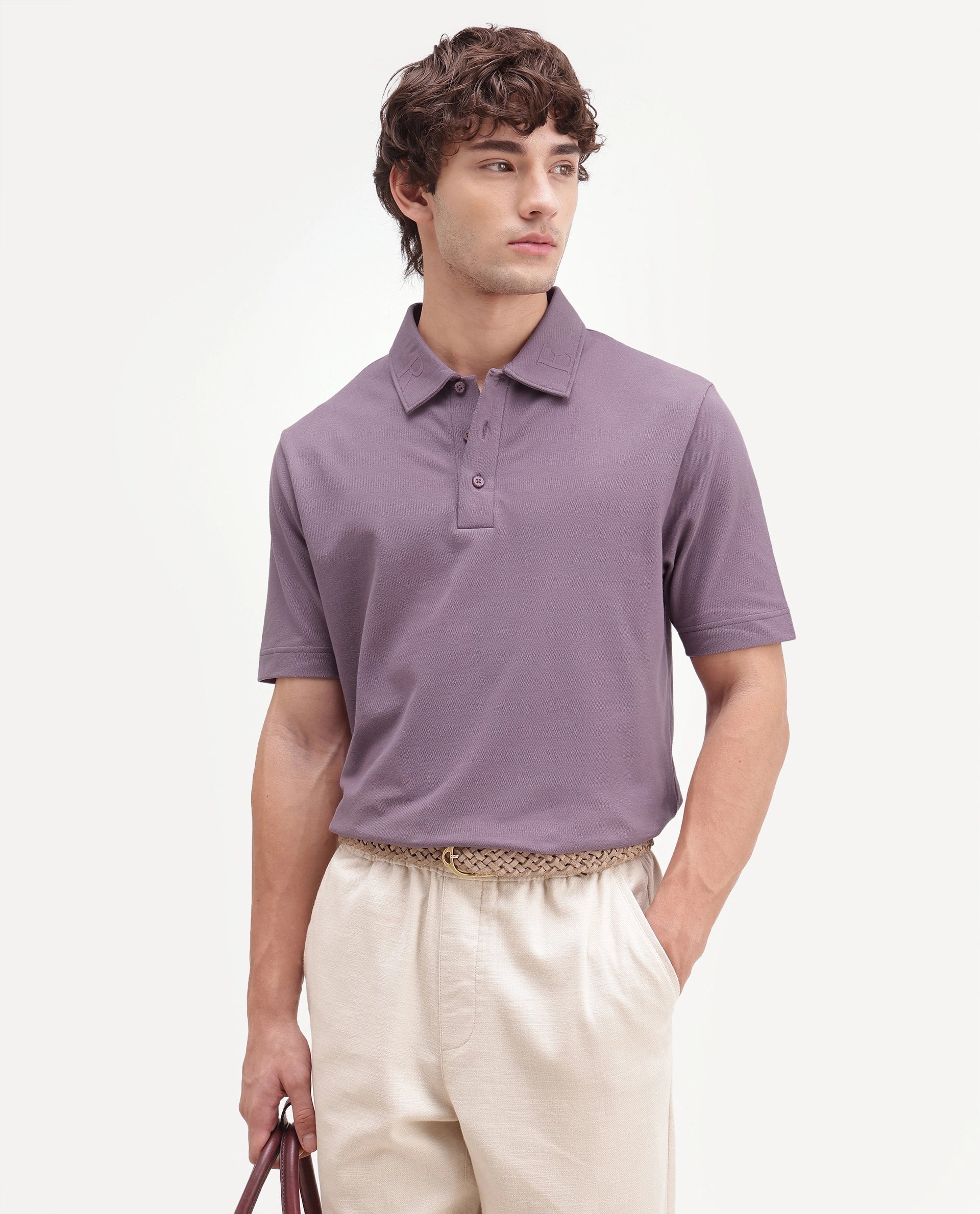 Rare Rabbit Men's Fabios Dusky Purple Cotton Regular Fit Half Sleeves Plain Polo