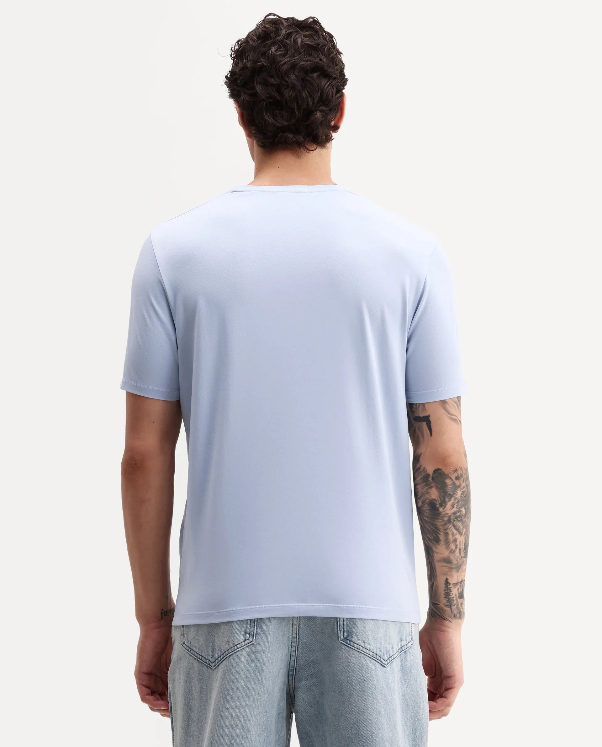 Rare Rabbit Men's Pufr Light Blue Cotton Blend Crew Neck Regular Graphic Print T-Shirt