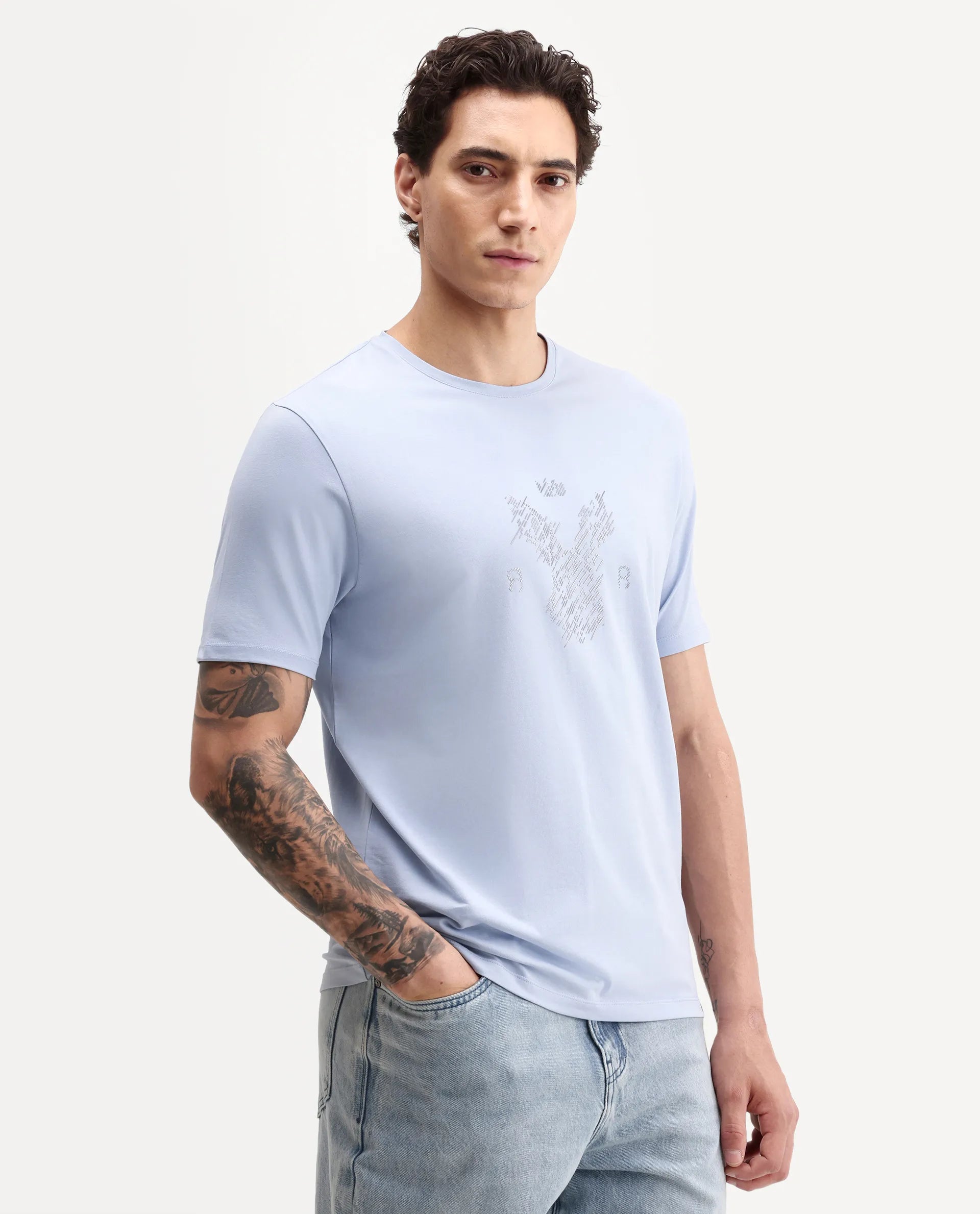 Rare Rabbit Men's Pufr Light Blue Cotton Blend Crew Neck Regular Graphic Print T-Shirt
