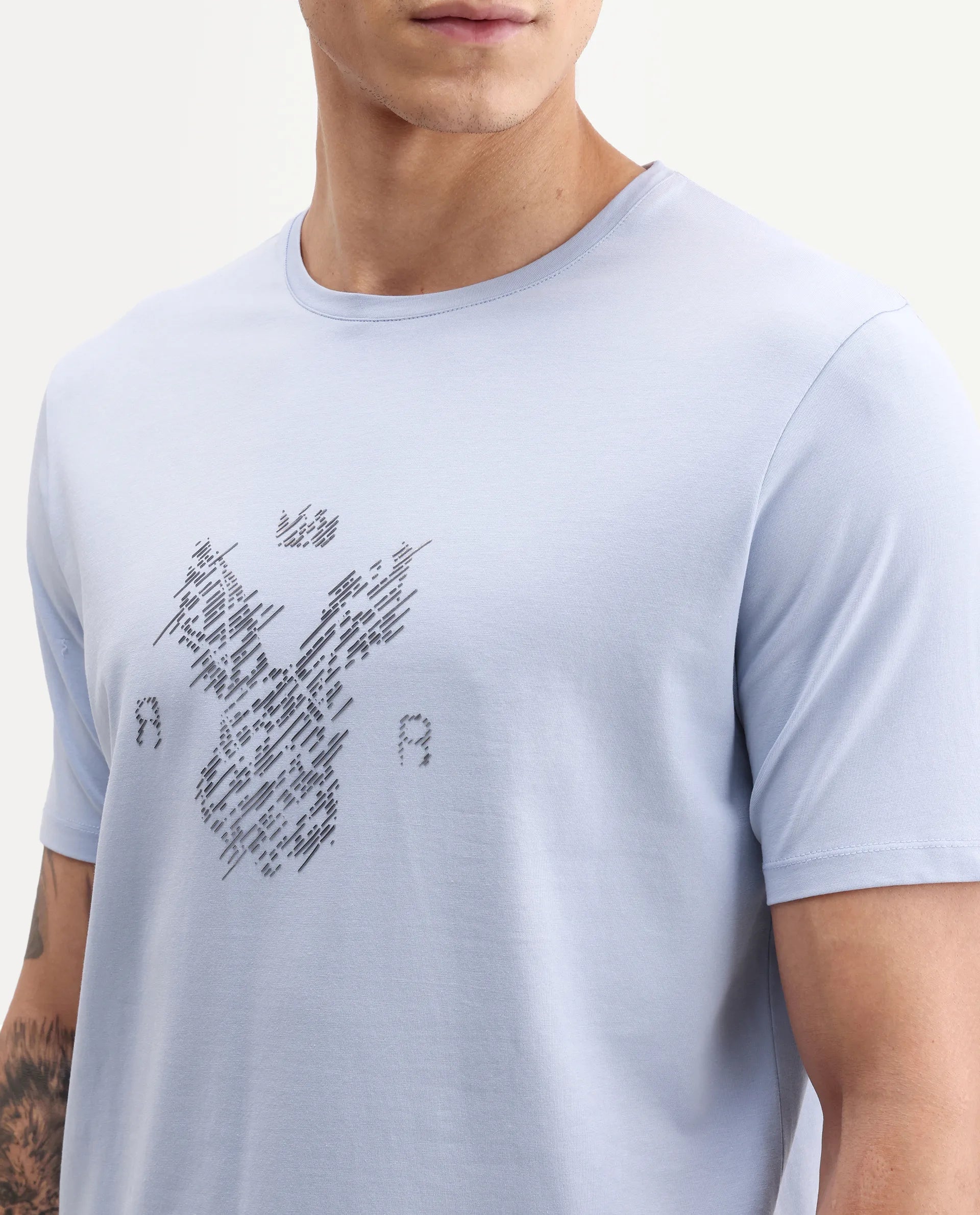 Rare Rabbit Men's Pufr Light Blue Cotton Blend Crew Neck Regular Graphic Print T-Shirt