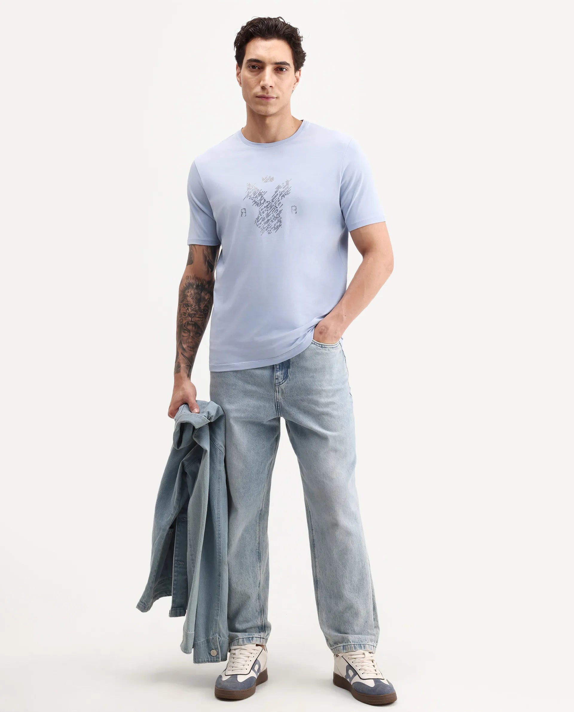 Rare Rabbit Men's Pufr Light Blue Cotton Blend Crew Neck Regular Graphic Print T-Shirt