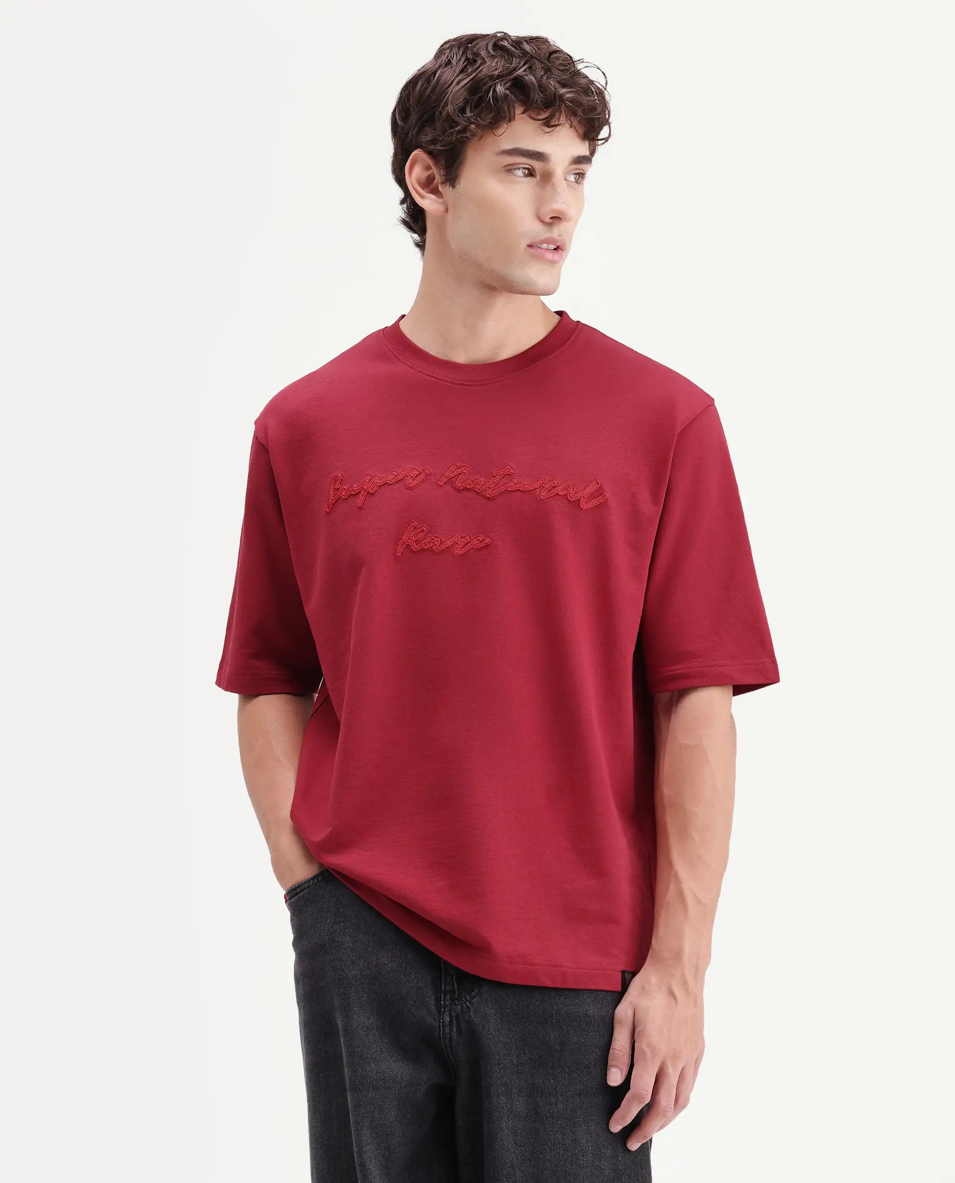 Rare Rabbit Men's Tuft Red Cotton Crew Neck Regular Embroidered T-Shirt