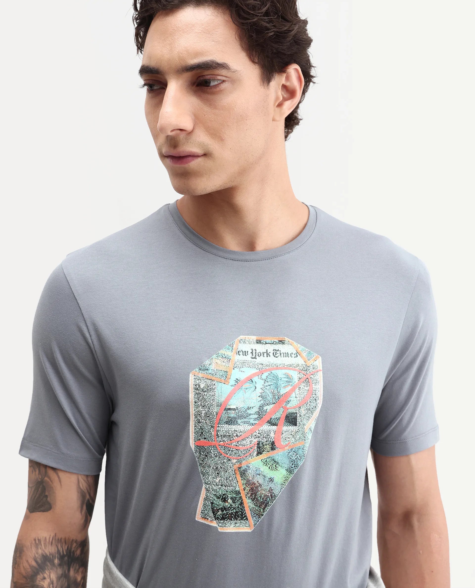 Rare Rabbit Men's Heko Grey Cotton Blend Crew Neck Regular Graphic Print T-Shirt