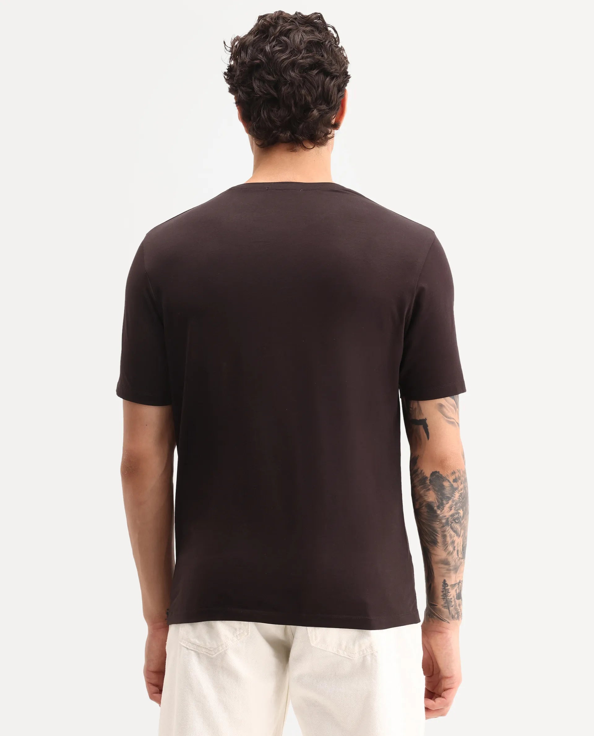 Rare Rabbit Men's Flir Dark Brown Cotton Blend Crew Neck Regular Graphic Print T-Shirt