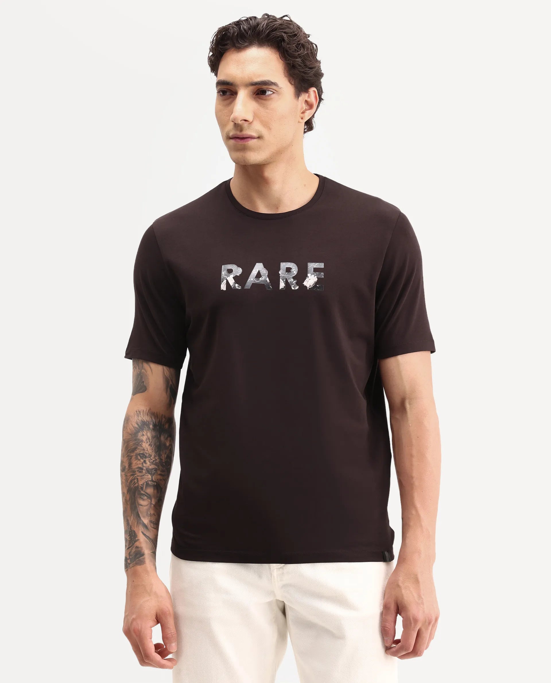 Rare Rabbit Men's Flir Dark Brown Cotton Blend Crew Neck Regular Graphic Print T-Shirt