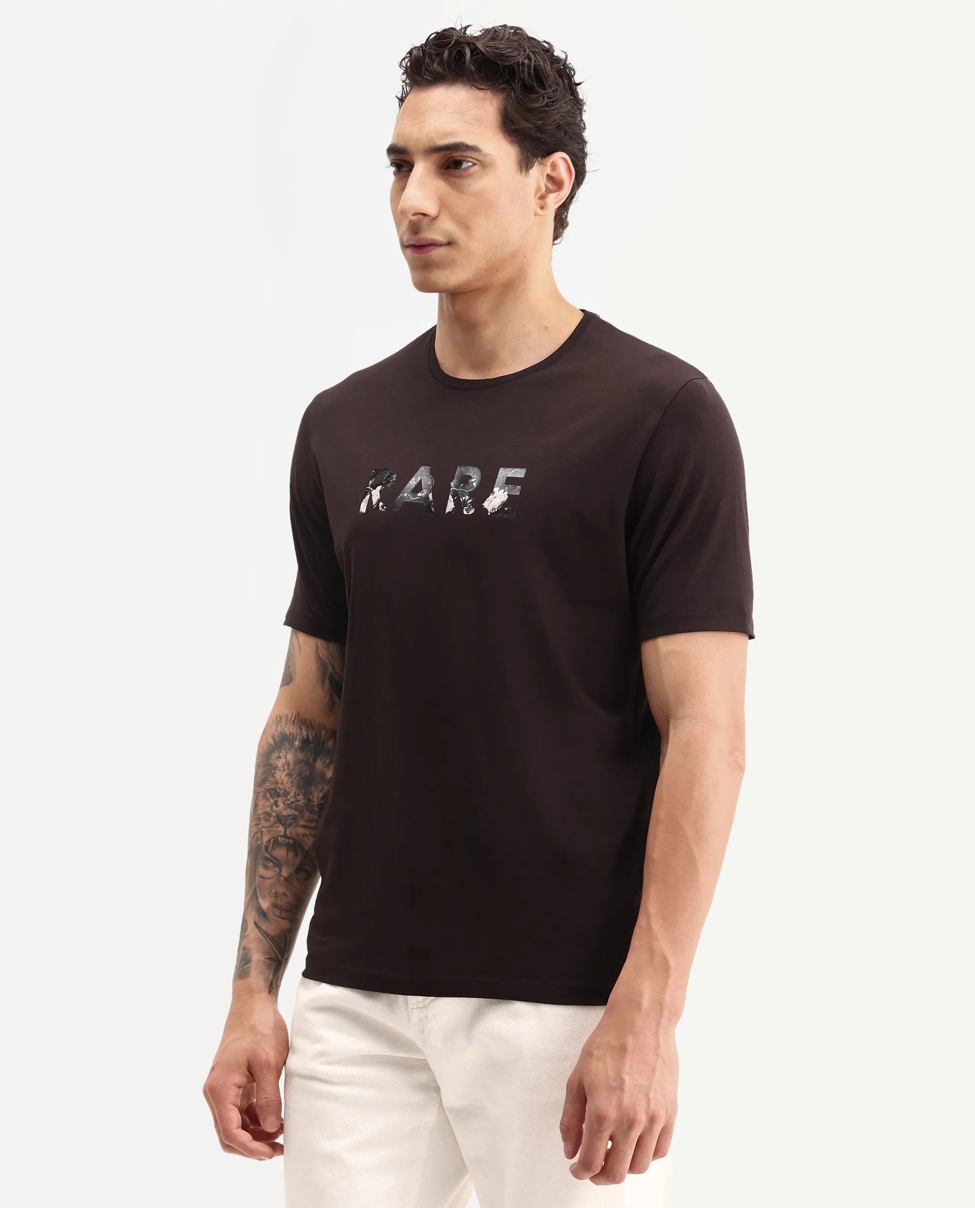 Rare Rabbit Men's Flir Dark Brown Cotton Blend Crew Neck Regular Graphic Print T-Shirt