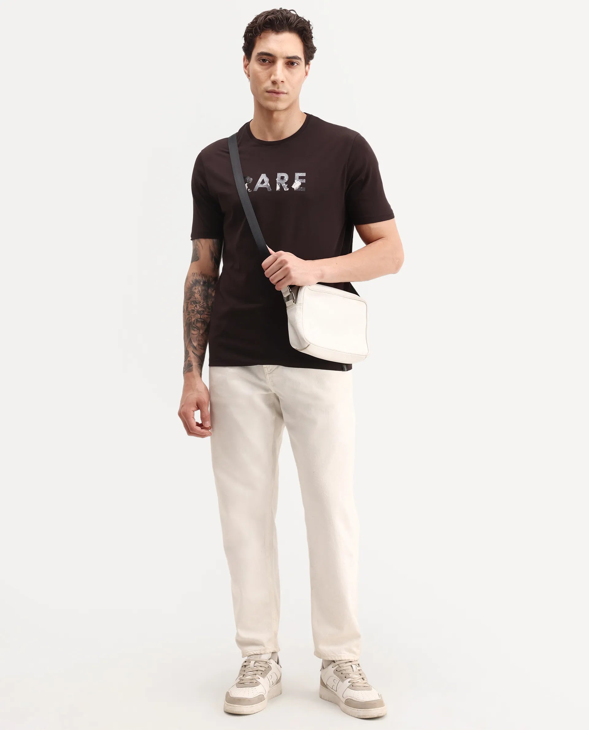Rare Rabbit Men's Flir Dark Brown Cotton Blend Crew Neck Regular Graphic Print T-Shirt