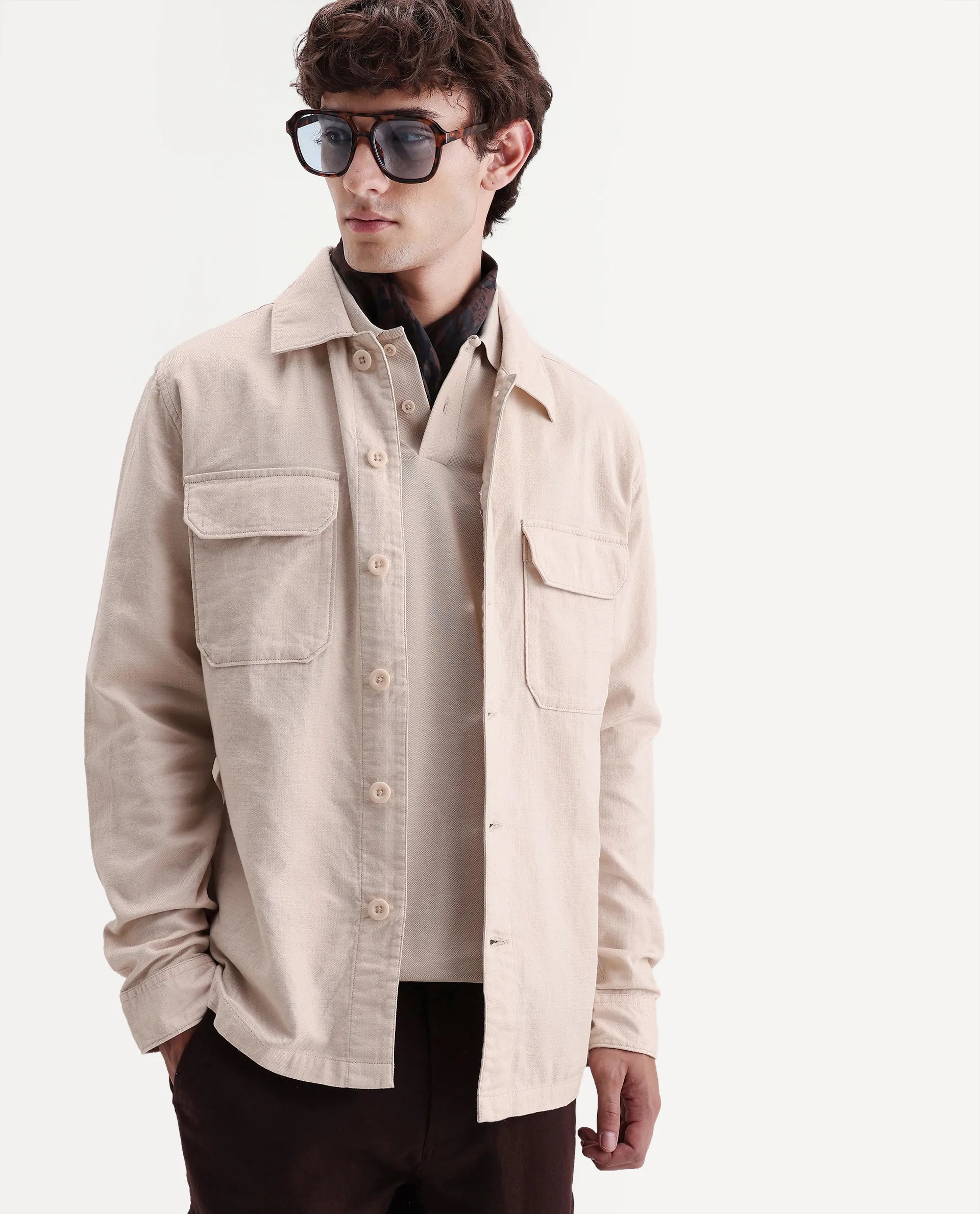 Rare Rabbit Men's Prest-Aw26 Off White Cotton Spread Collar Button Relaxed Plain Shacket