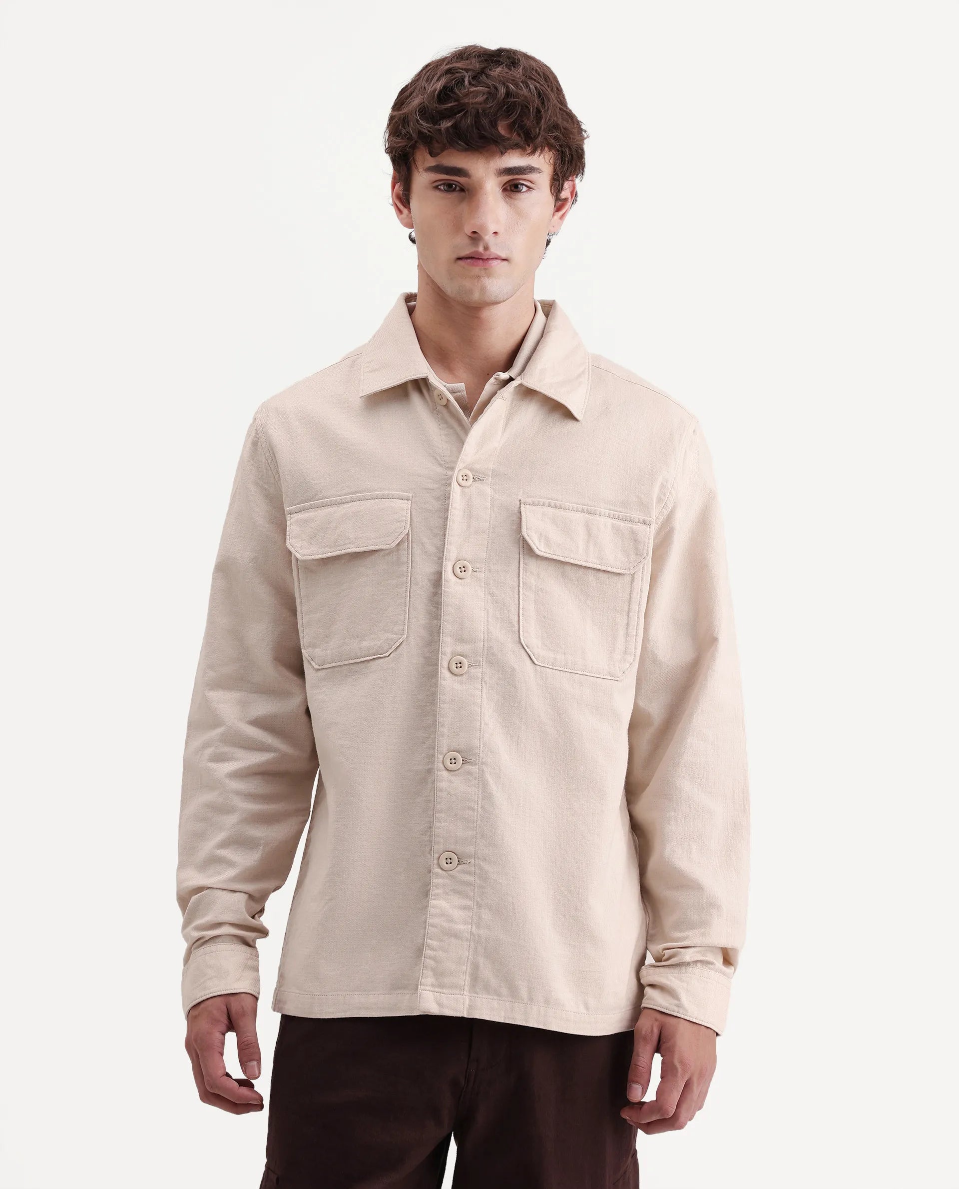 Rare Rabbit Men's Prest-Aw26 Off White Cotton Spread Collar Button Relaxed Plain Shacket