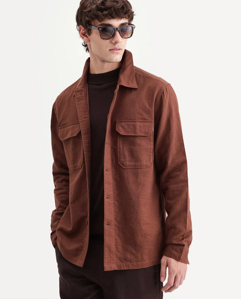 Buy Prest-Aw26 Rust Cotton Spread Collar Button Relaxed Plain Shacket ...