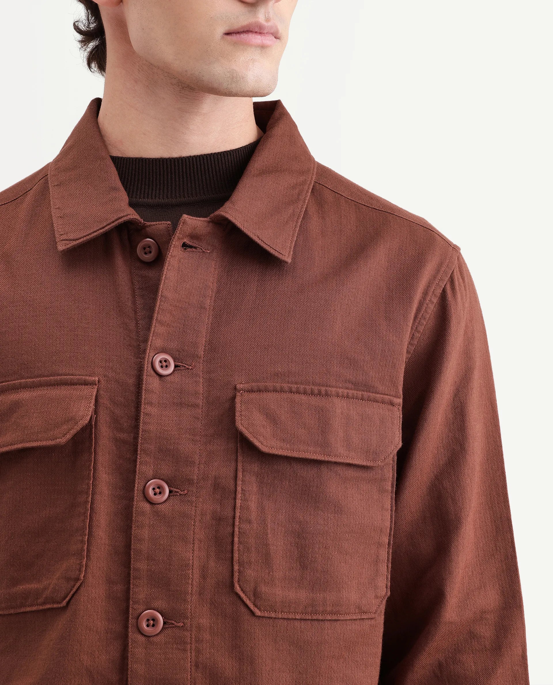 Rare Rabbit Men's Prest-Aw26 Rust Cotton Spread Collar Button Relaxed Plain Shacket