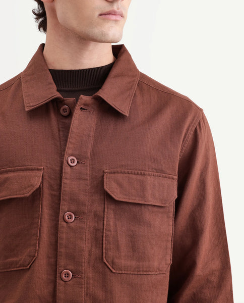 Buy Prest-Aw26 Rust Cotton Spread Collar Button Relaxed Plain Shacket ...