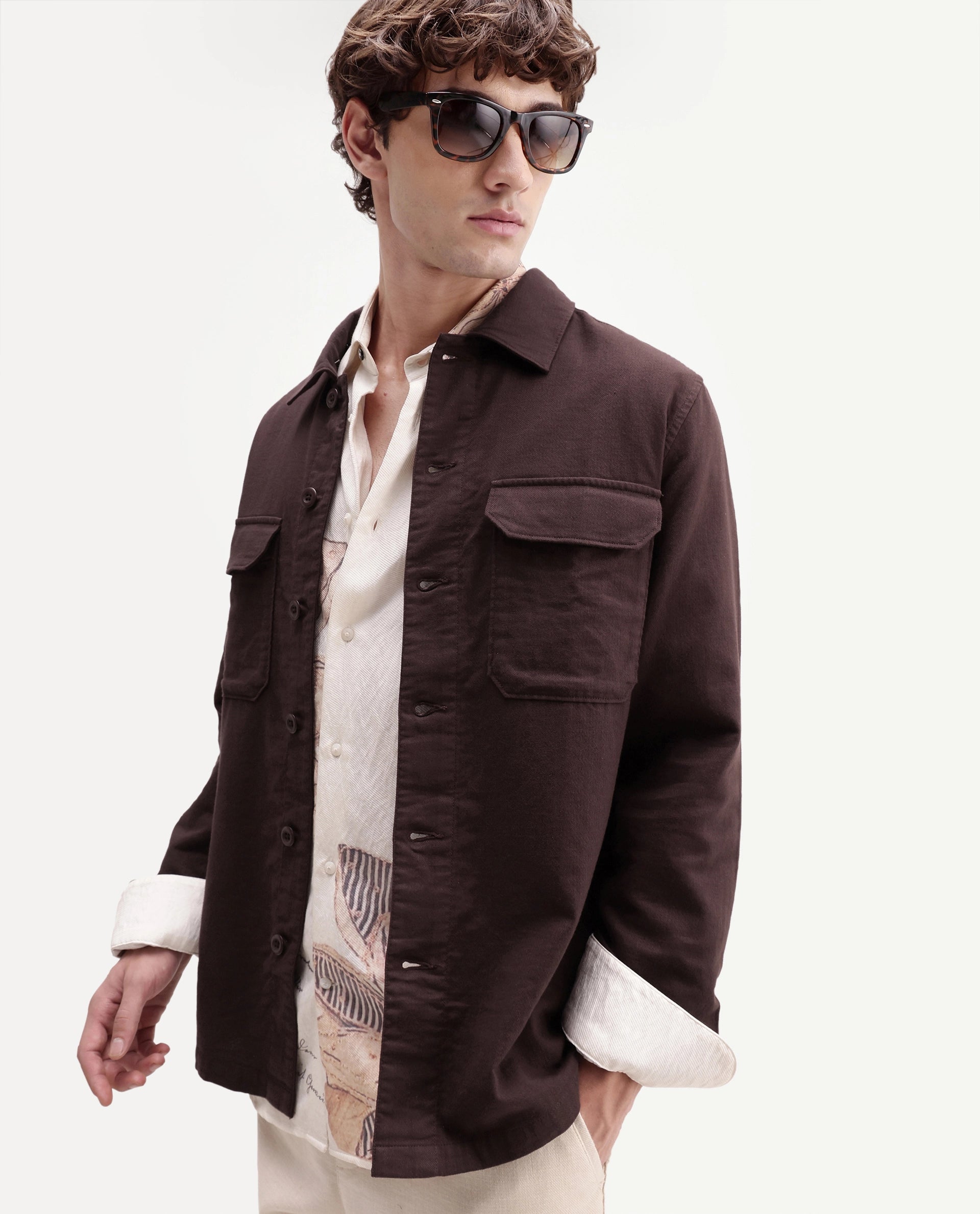 Rare Rabbit Men's Prest-Aw26 Brown Cotton Spread Collar Button Relaxed Plain Shacket