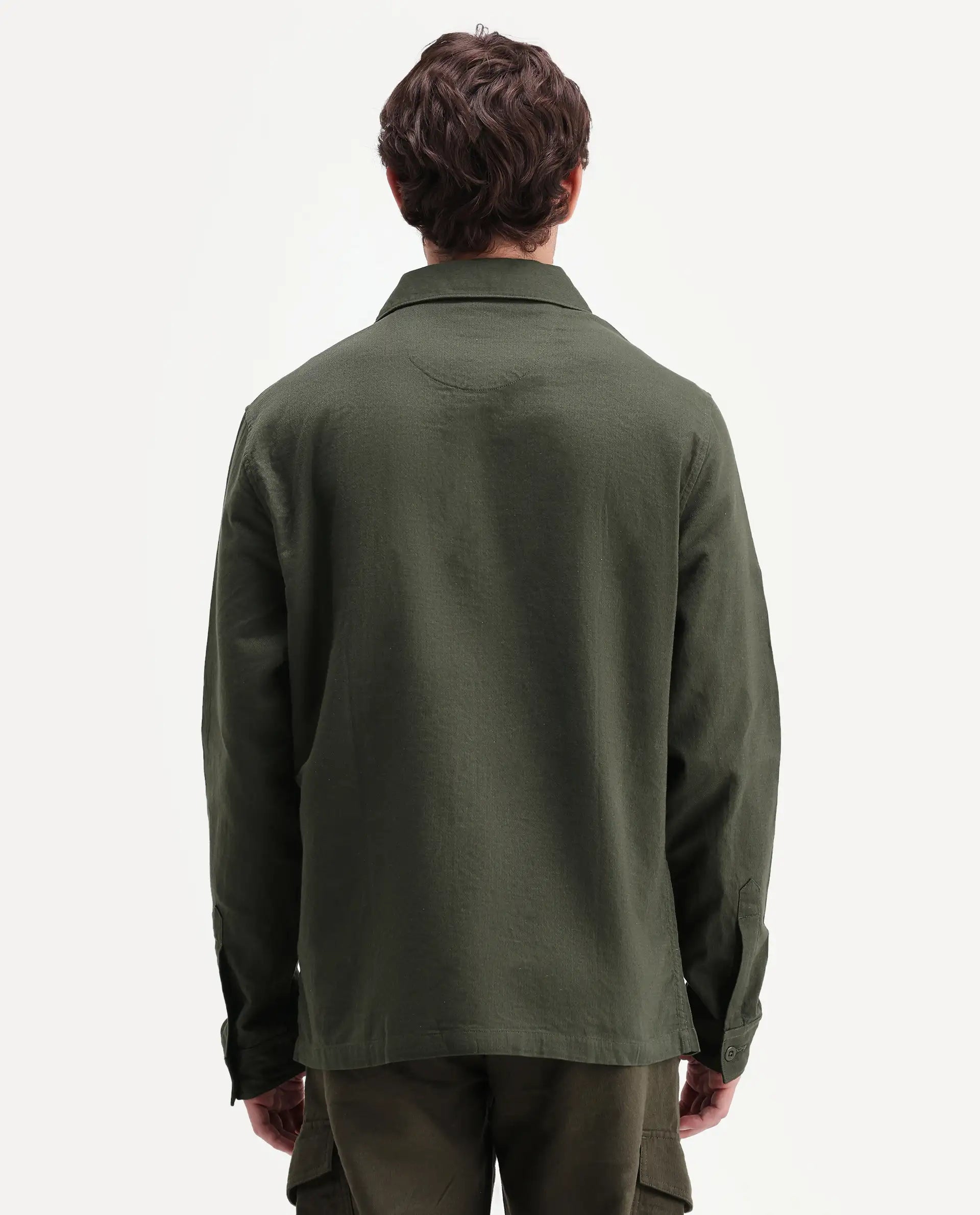 Rare Rabbit Men's Prest-Aw26 Olive Cotton Spread Collar Button Relaxed Plain Shacket