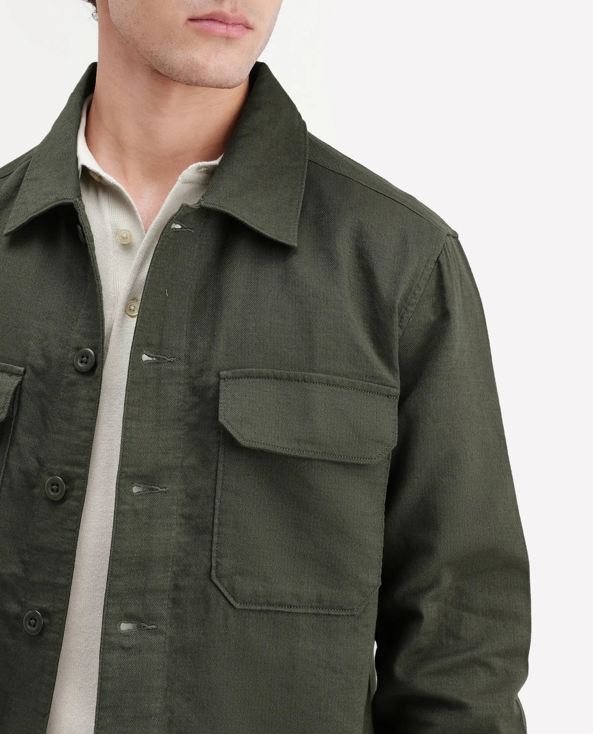 Rare Rabbit Men's Prest-Aw26 Olive Cotton Spread Collar Button Relaxed Plain Shacket