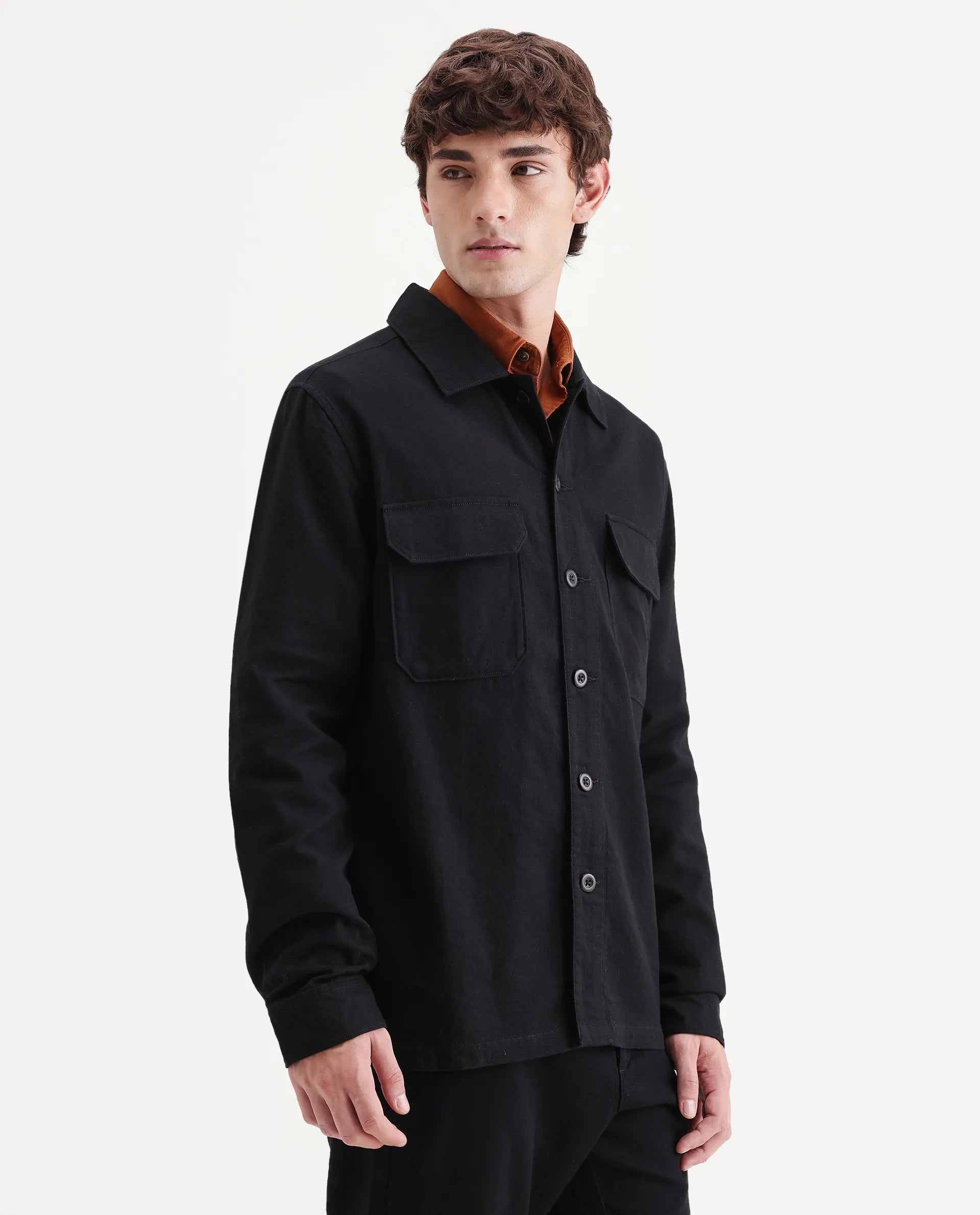 Rare Rabbit Men's Prest-Aw26 Black Cotton Spread Collar Button Relaxed Plain Shacket