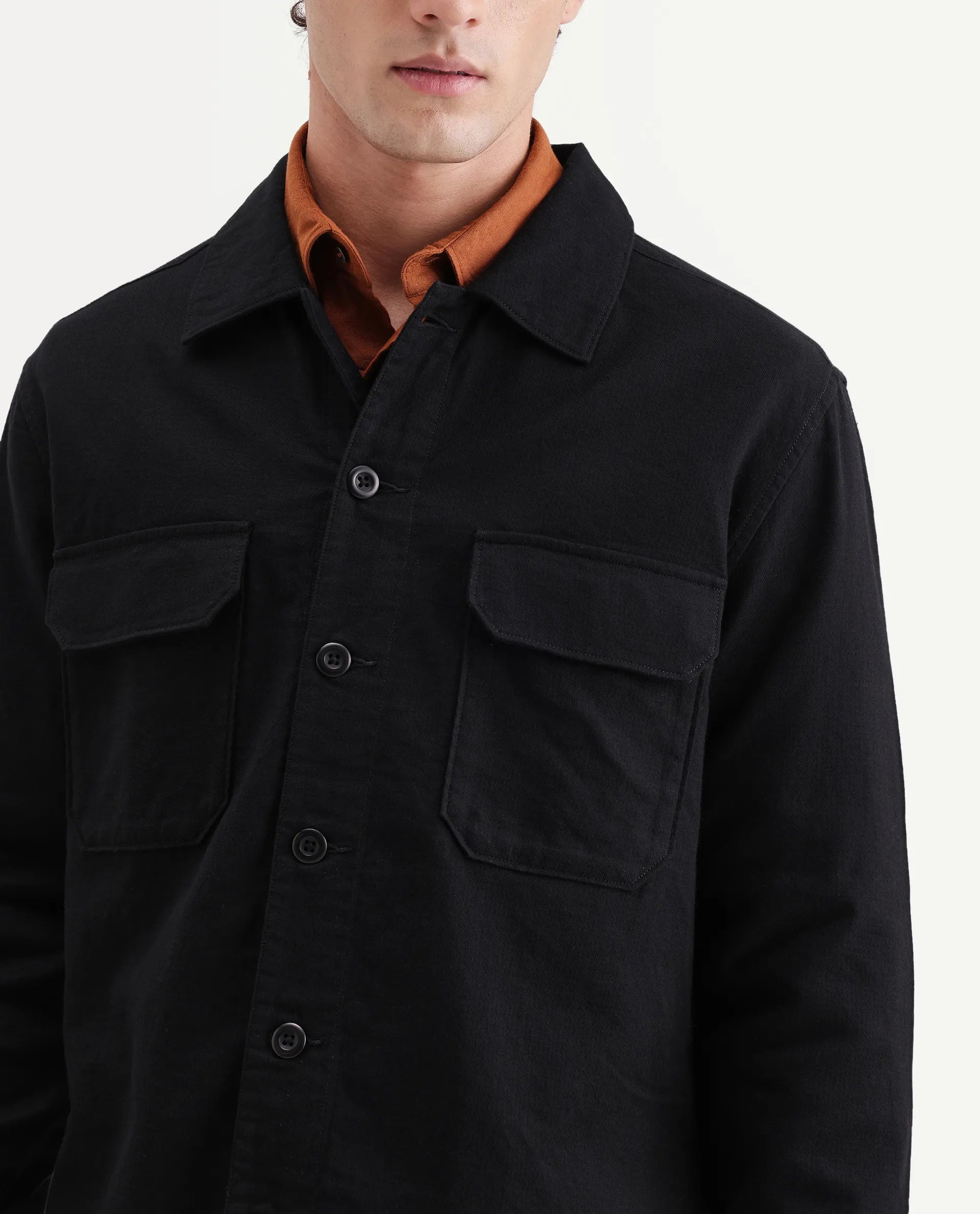 Rare Rabbit Men's Prest-Aw26 Black Cotton Spread Collar Button Relaxed Plain Shacket