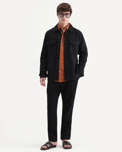 Buy Prest-Aw26 Black Cotton Spread Collar Button Relaxed Plain Shacket ...