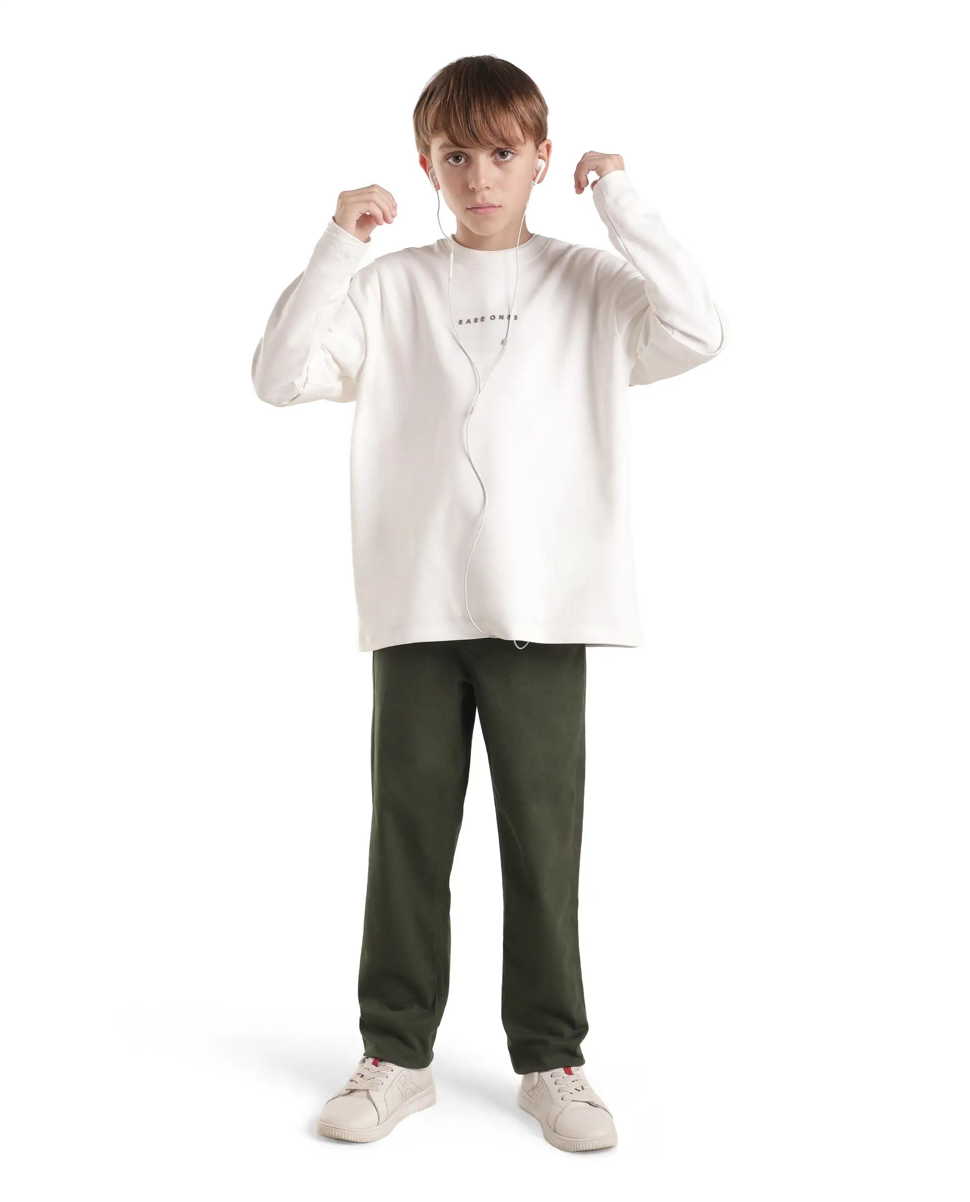 Rare Ones Kids Spoke-K-Aw26 Dark Olive Cotton Blend Fabric Button And Zipper Closure Slim Trouser