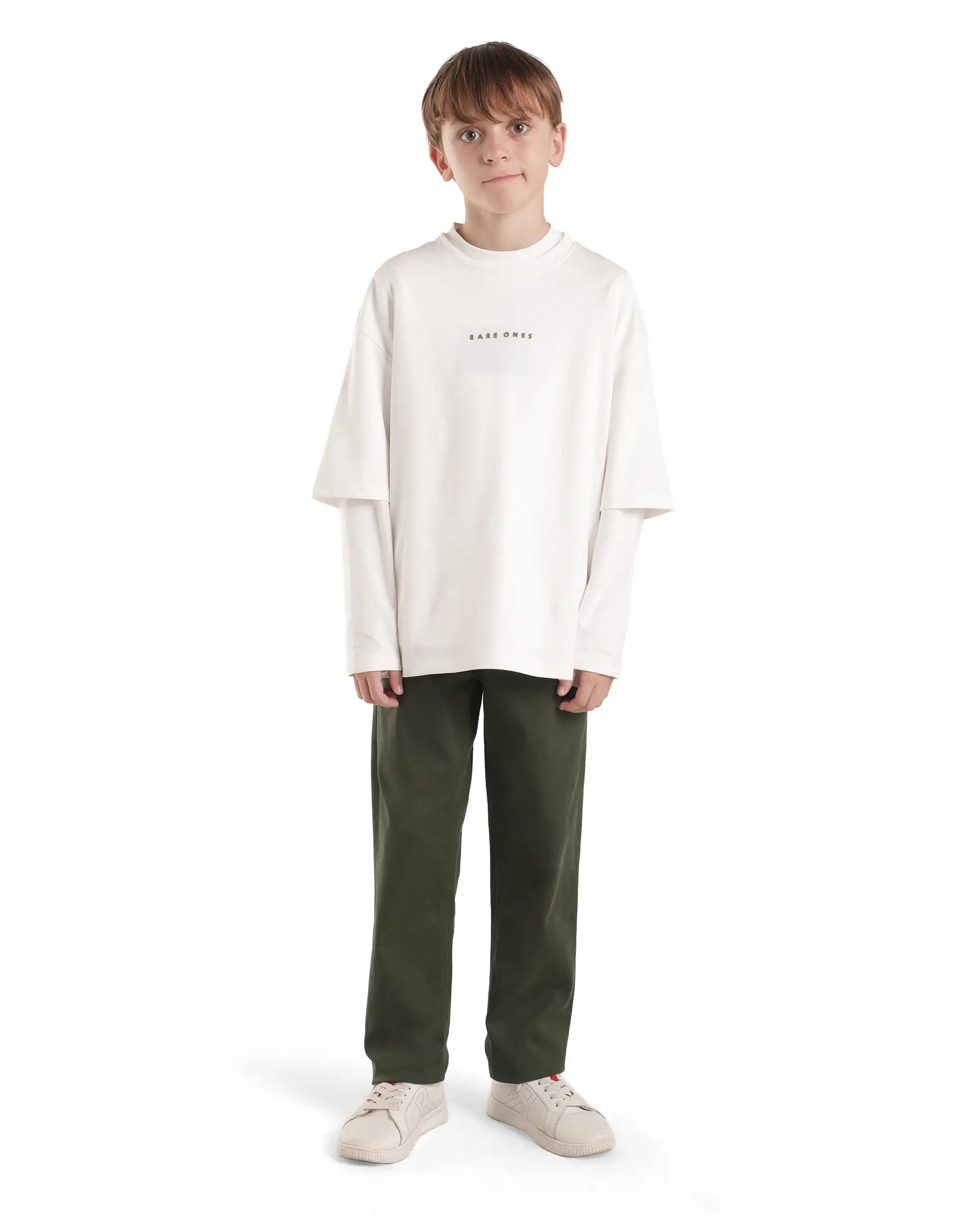 Rare Ones Kids Spoke-K-Aw26 Dark Olive Cotton Blend Fabric Button And Zipper Closure Slim Trouser