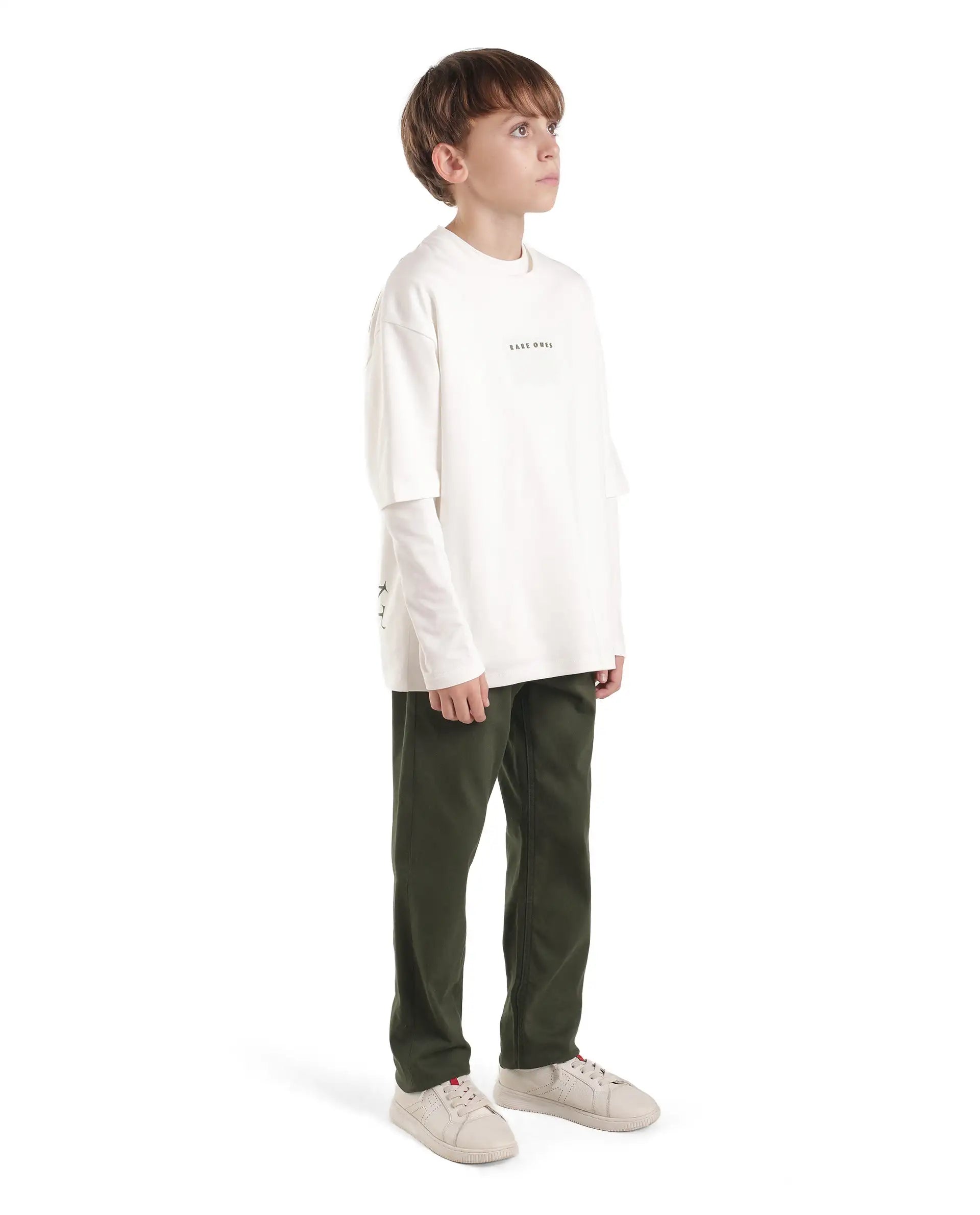 Rare Ones Kids Spoke-K-Aw26 Dark Olive Cotton Blend Fabric Button And Zipper Closure Slim Trouser