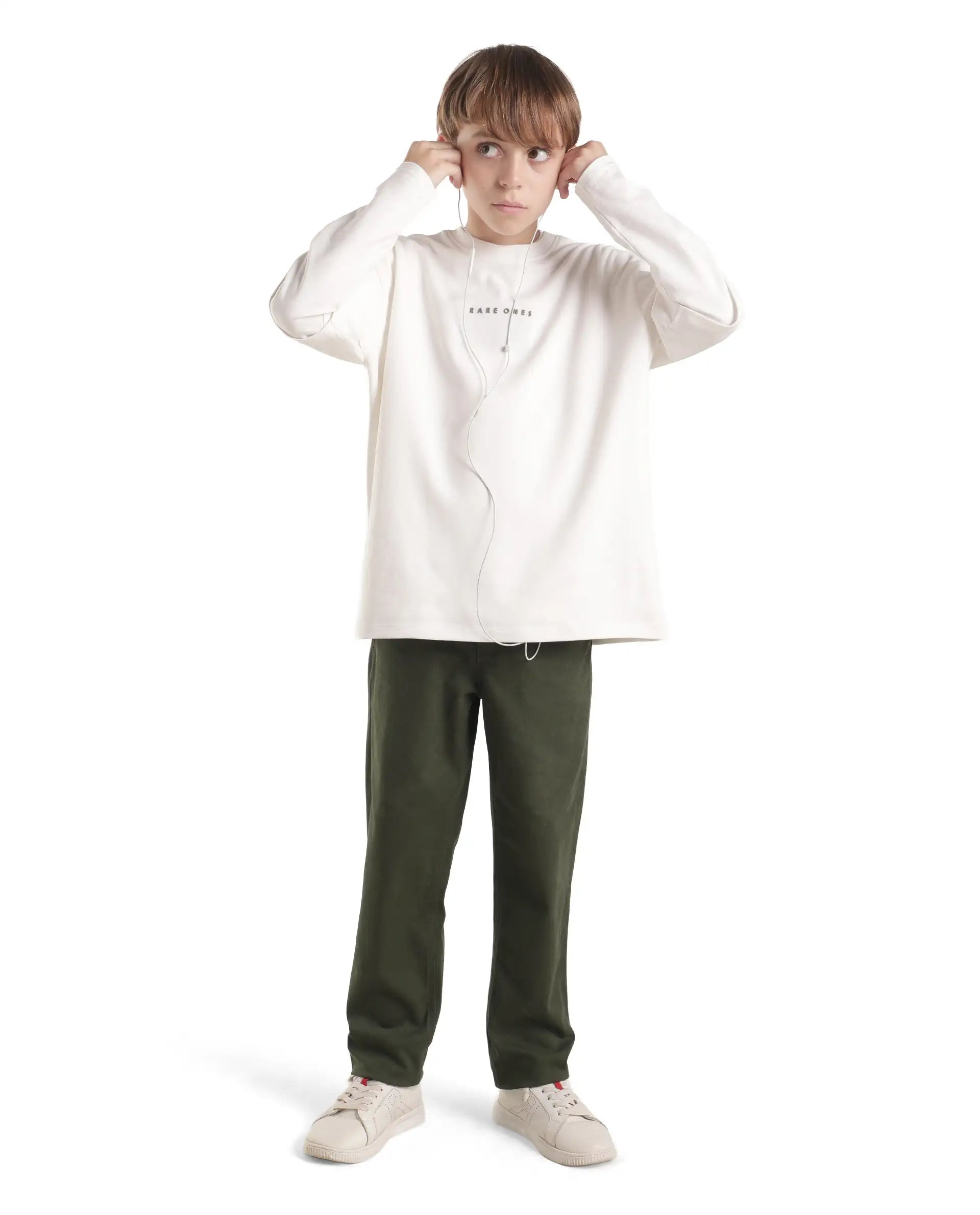 Rare Ones Kids Spoke-K-Aw26 Dark Olive Cotton Blend Fabric Button And Zipper Closure Slim Trouser