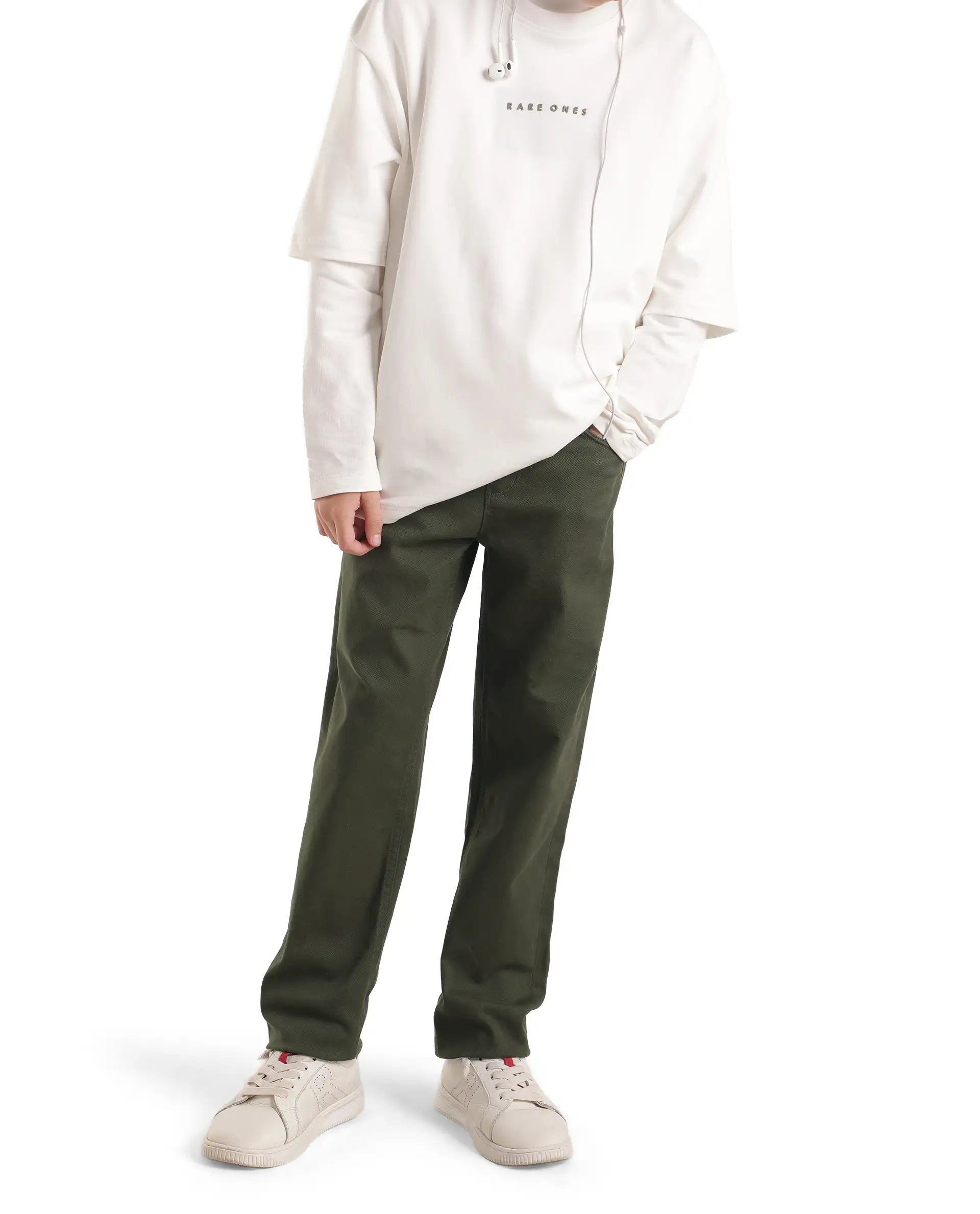 Rare Ones Kids Spoke-K-Aw26 Dark Olive Cotton Blend Fabric Button And Zipper Closure Slim Trouser