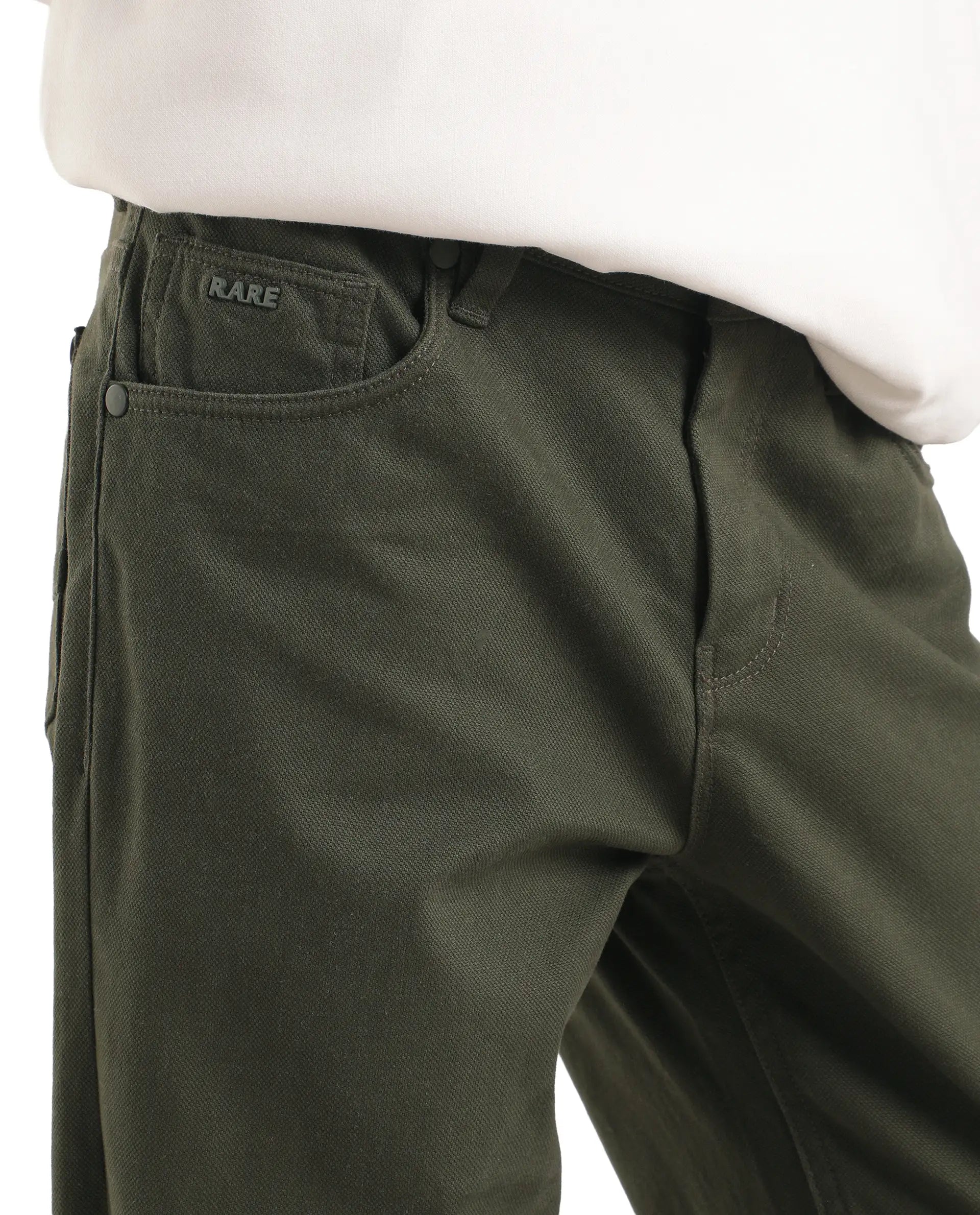 Rare Ones Kids Spoke-K-Aw26 Dark Olive Cotton Blend Fabric Button And Zipper Closure Slim Trouser