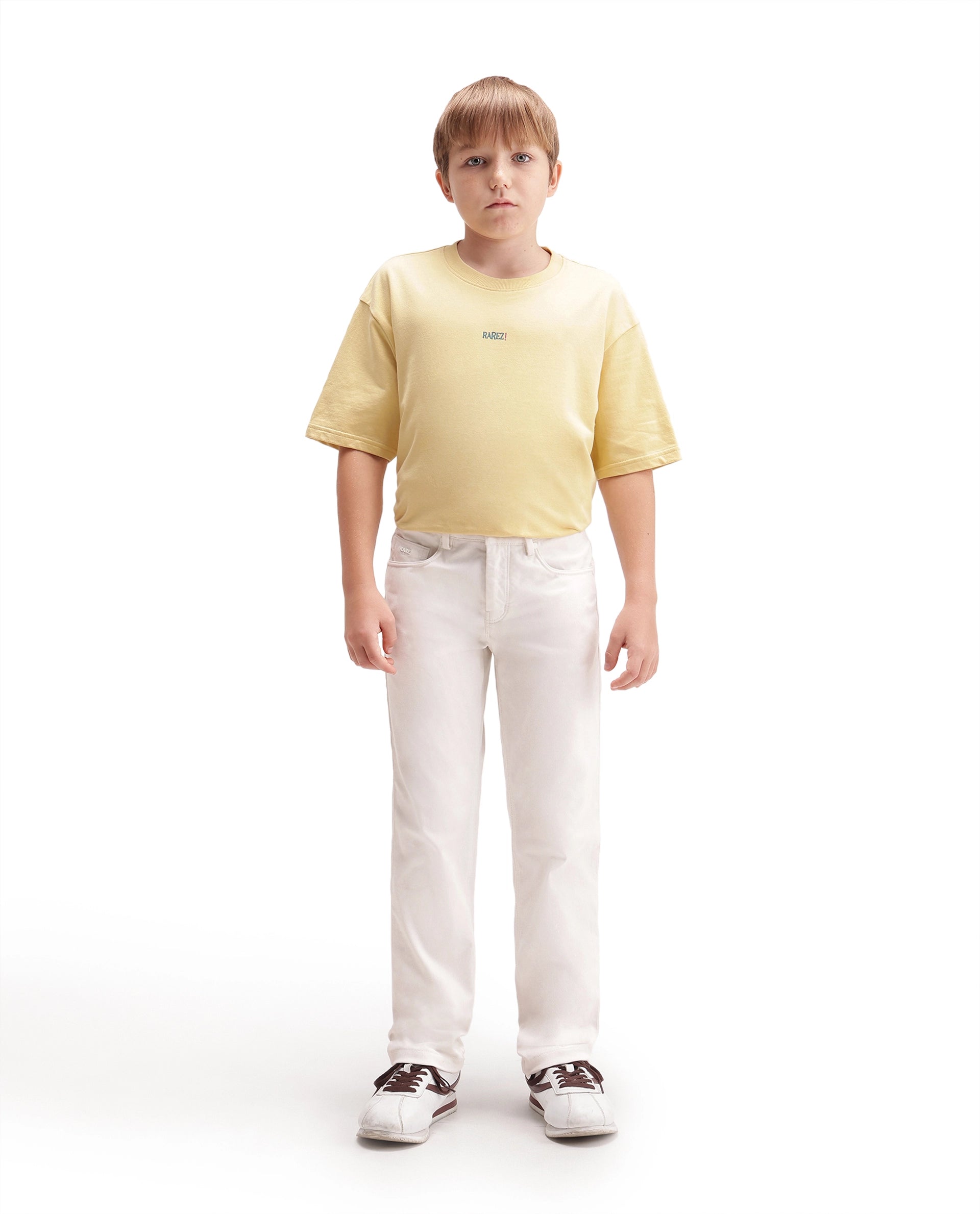 Rare Ones Kids Spoke-K-Aw26 White Cotton Blend Fabric Button And Zipper Closure Slim Fit Trouser