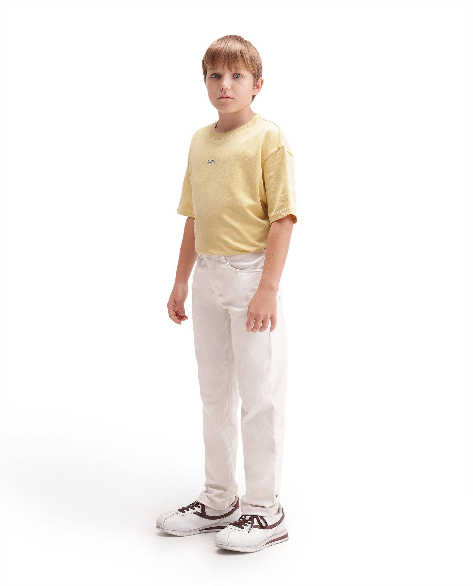 Rare Ones Kids Spoke-K-Aw26 White Cotton Blend Fabric Button And Zipper Closure Slim Fit Trouser