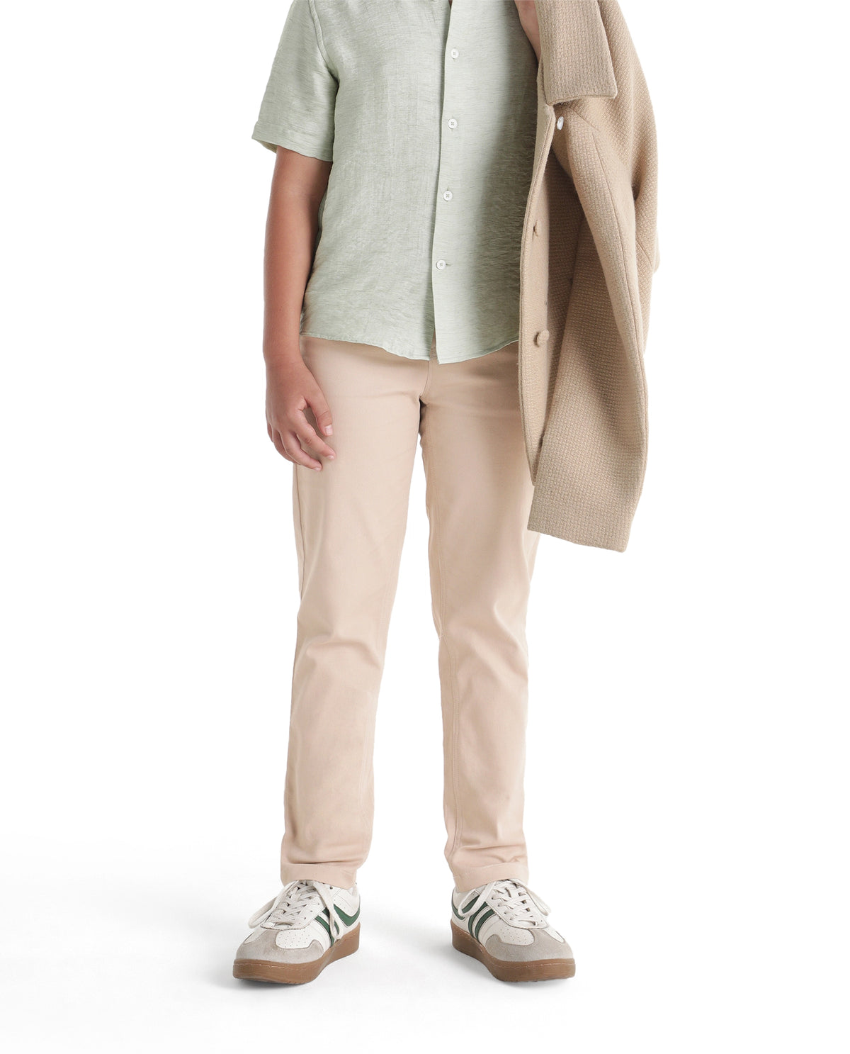Rare Ones Kids Spoke-K-Aw26 Beige Cotton Blend Fabric Button And Zipper Closure Slim Fit Trouser