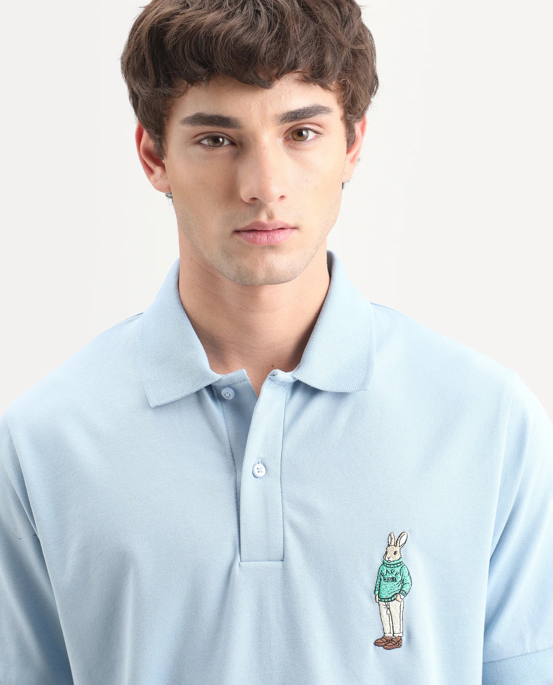 Rare Rabbit Men's Mascos Light Blue Cotton Blend Spread Collar Regular Fit Embroidered Polo