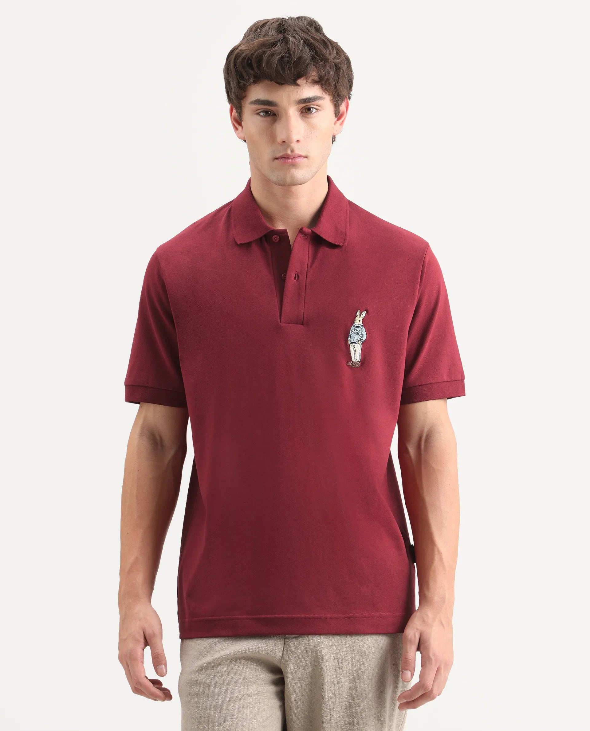 Rare Rabbit Men's Mascos Red Cotton Blend Spread Collar Regular Fit Embroidered Polo