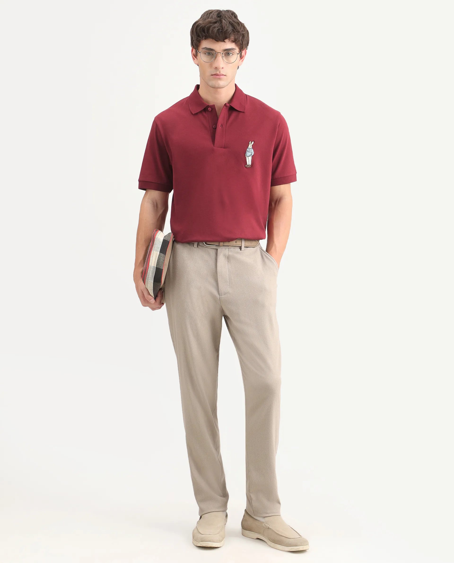 Rare Rabbit Men's Mascos Red Cotton Blend Spread Collar Regular Fit Embroidered Polo