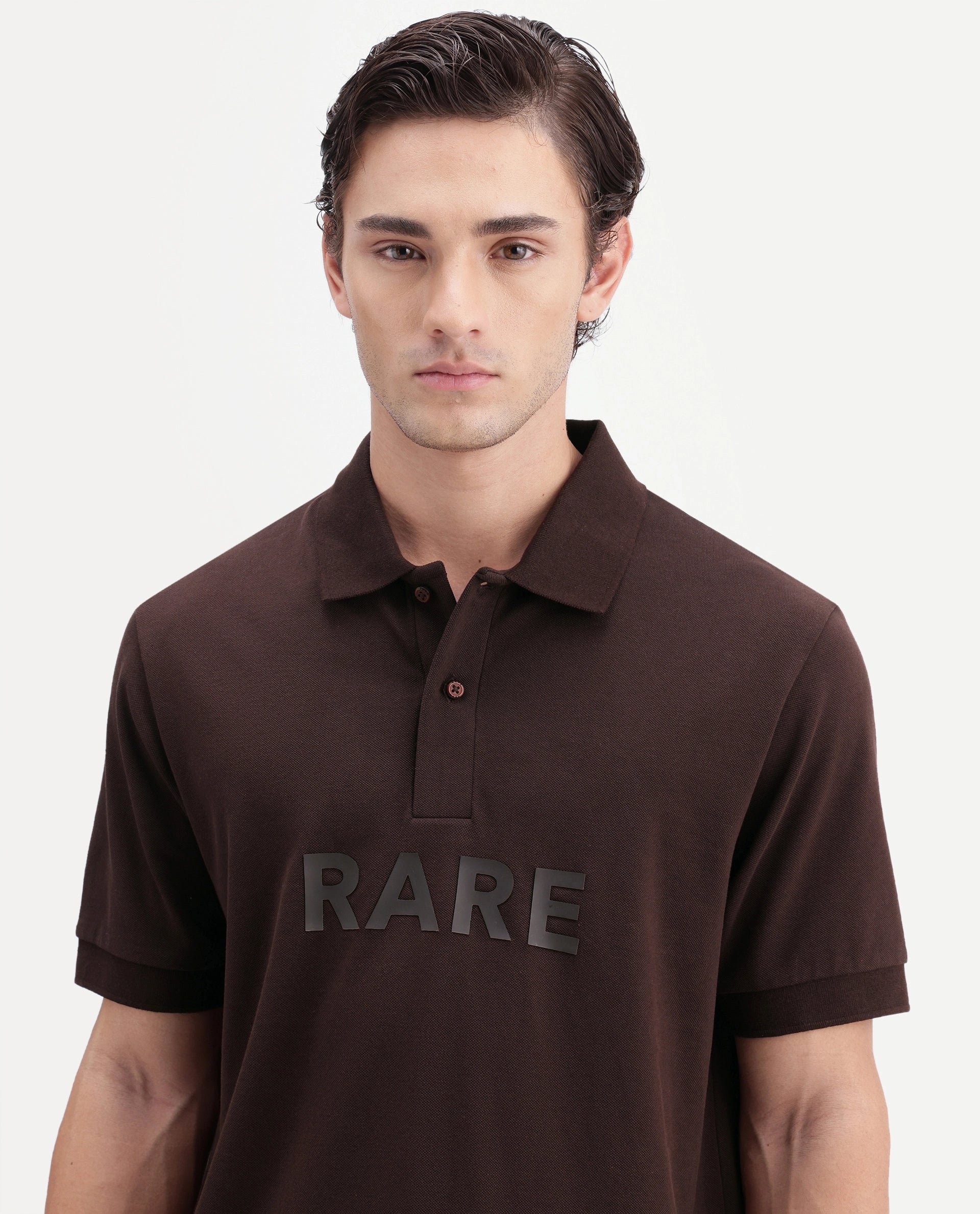 Rare Rabbit Men's Gael Dark Brown Cotton Blend Spread Collar Regular Graphic Print Polo