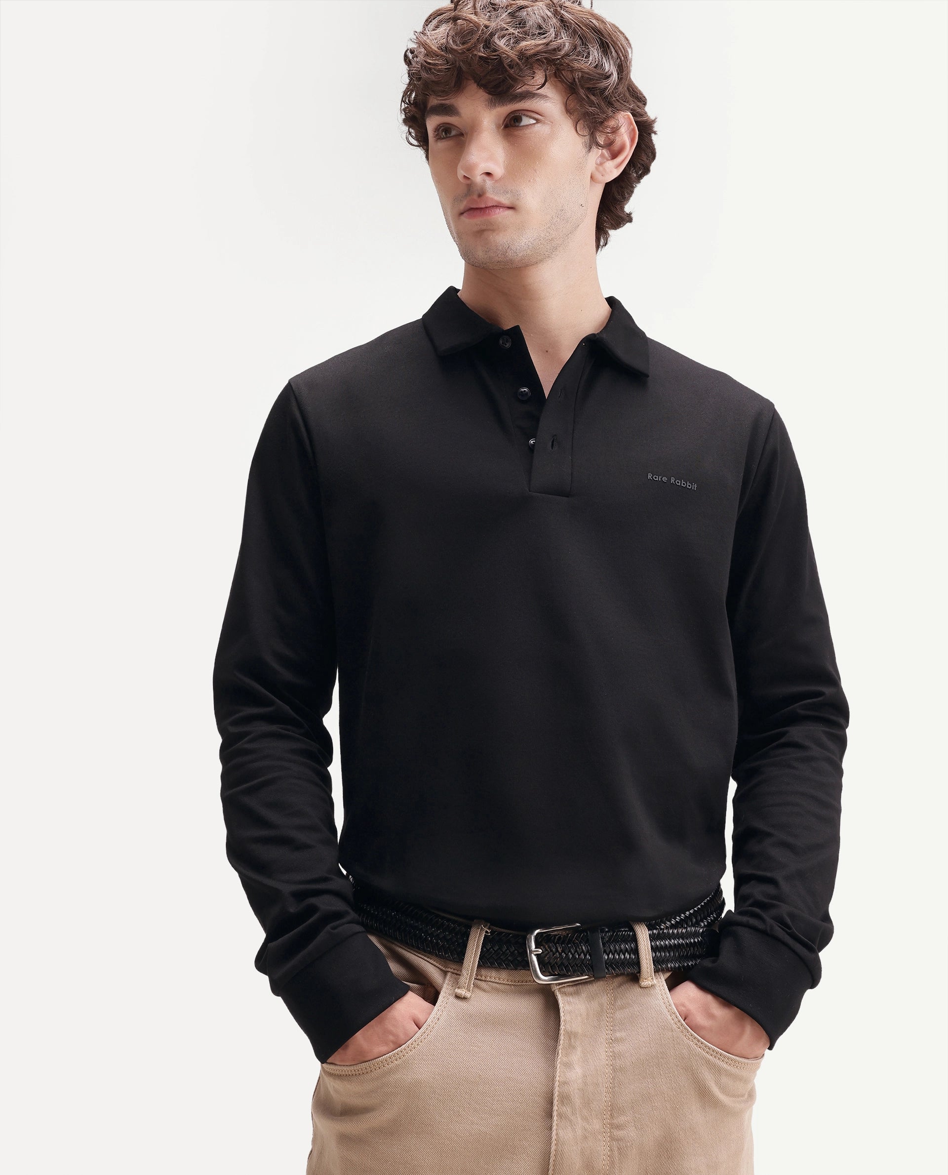 Rare Rabbit Men's Travo Black Cotton Spread Collar Regular Plain Polo